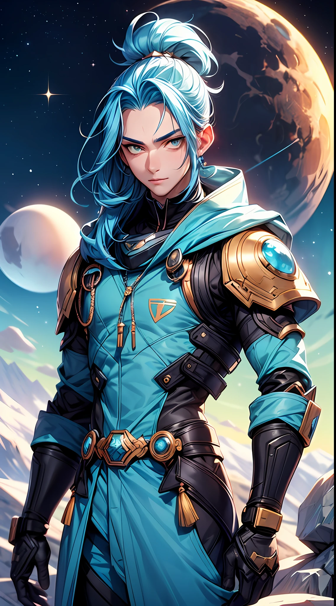 Male scout, 1boy, detailed face, mid large hair, intricate eyes, mecha suit, empty forehead (mountain⛰️ cyan sky, multiple moons and planets). blue and black clothes., ((masterpiece, best quality)),