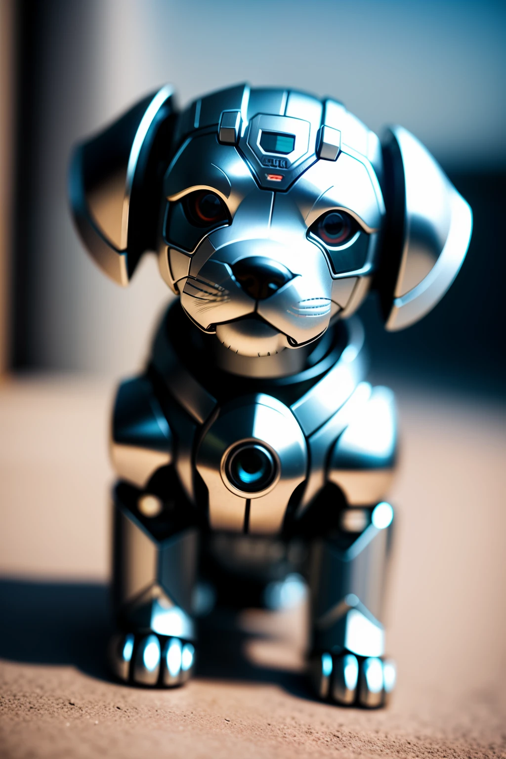 A cute puppy made of metal, (cyborg: 1.1), ([tail|detailed wire]: 1.3), (intricate detail), hdr, (hyperdetailed: 1.2), cinematic lens, halo shadow, centered