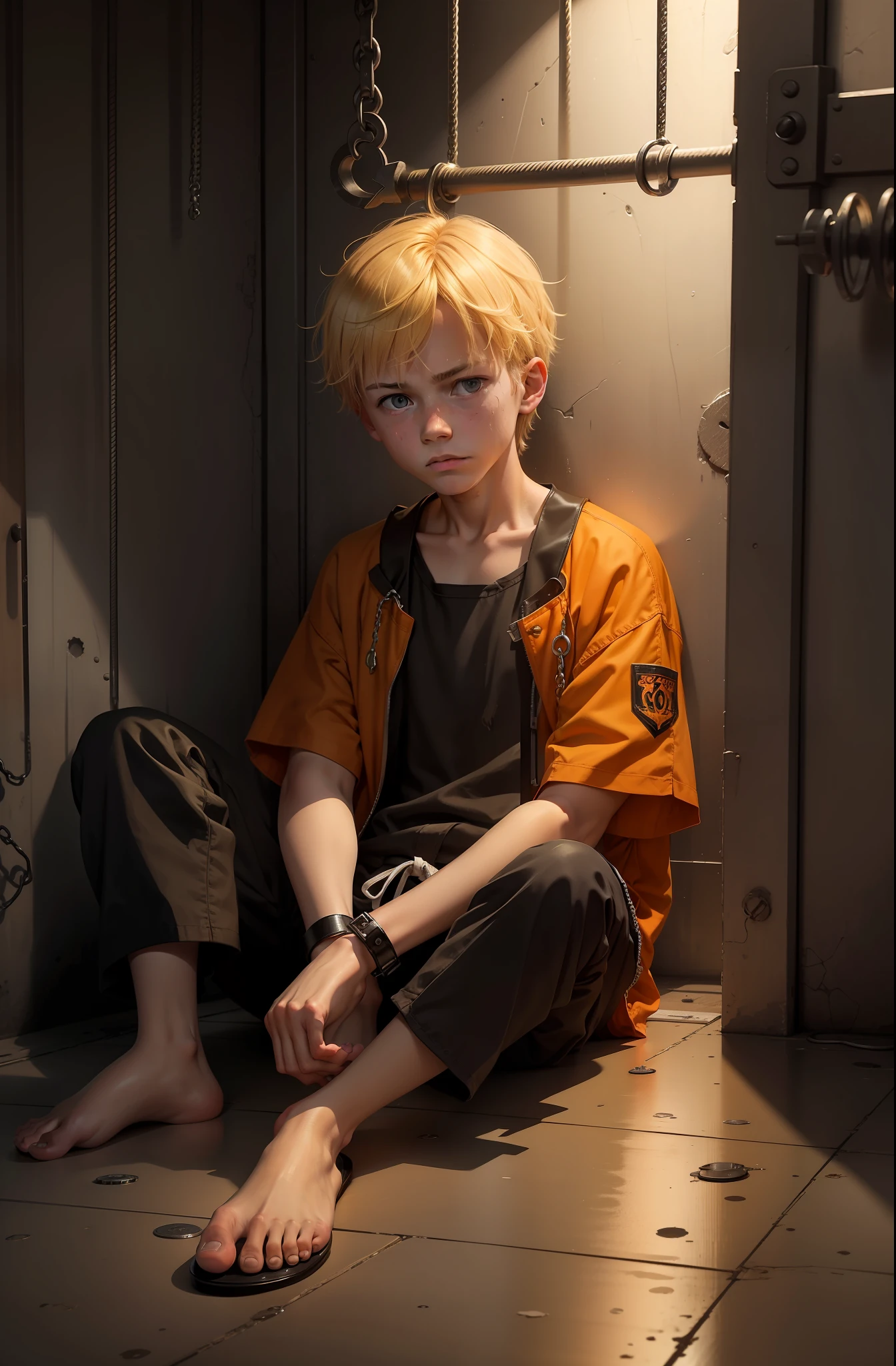 A 14-year-old blond boy had some filth on him,Wearing an orange one-piece prison suit,Handcuffs on their hands,Wearing leg irons on his feet,Wearing black flip-flops,Sitting in a cell,Melancholic look prison background