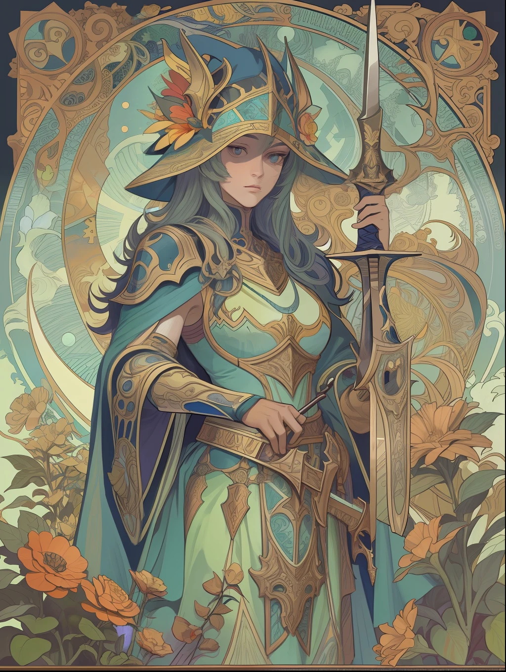 (Flat color:1.1),(Colorful:1.3),(Masterpiece:1.2), Best quality, Masterpiece, Original, 1 very detailed wallpaper of paladin with sword,Full body like，Blue starry sky，tarot card layout，Best quality, Masterpiece, (Realistic:0.6), Realistic lighting,Flower frame， Decorative panels， abstract artistic， Alphonse Mucha （tmasterpiece， best qualtiy， A high resolution： 1.4）， A detailed， Complicated details， 4K，cerulean， Line art， Fibonacci