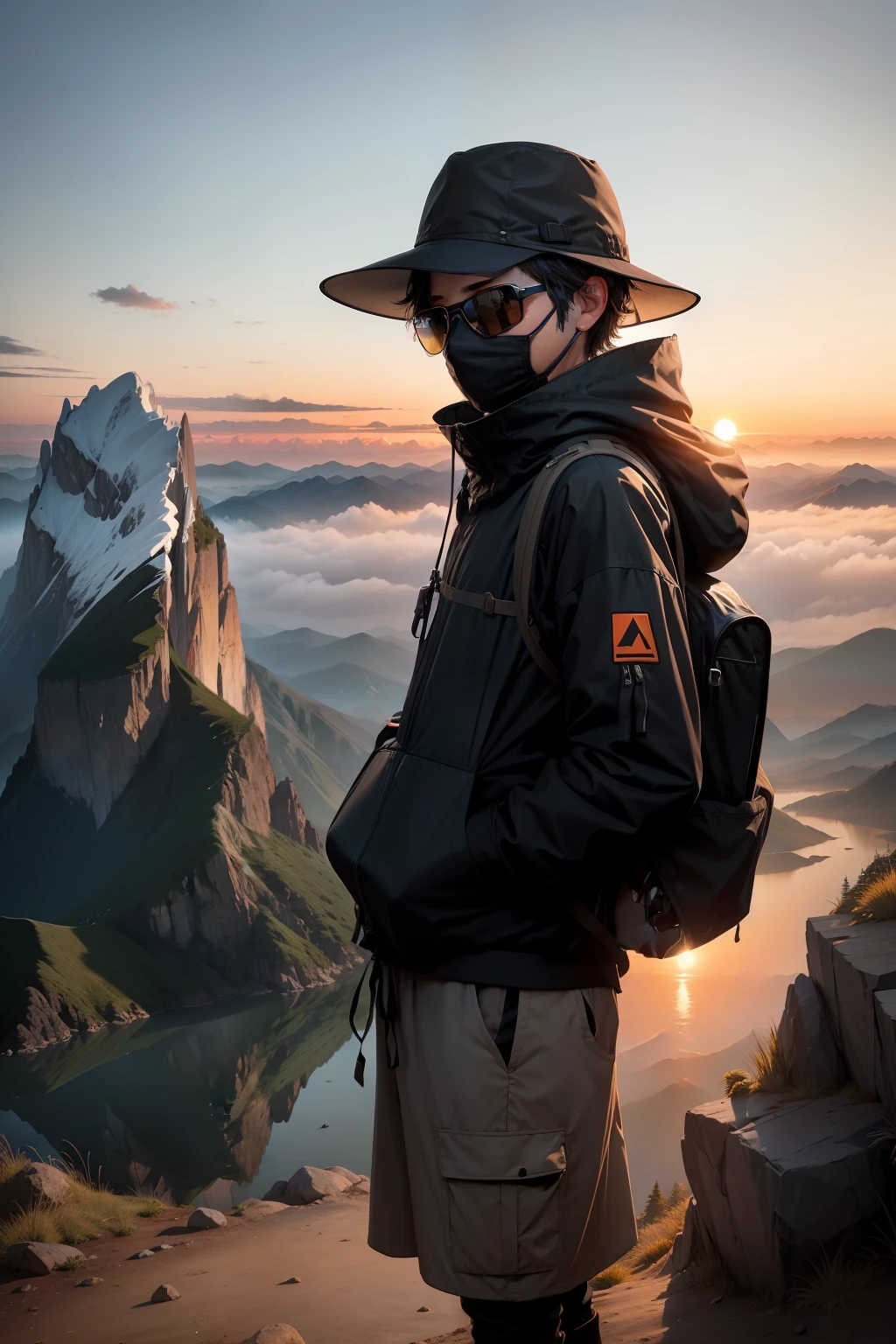 A boy in a black fisherman's hat stands in front of the mountain,, wearing facemask and sunglasses, onthe mountain, haze over the shoulder shot, a wanderer on a mountain, dark visor covering face, wearing face mask, Sunrise hills in the background, onthe mountain