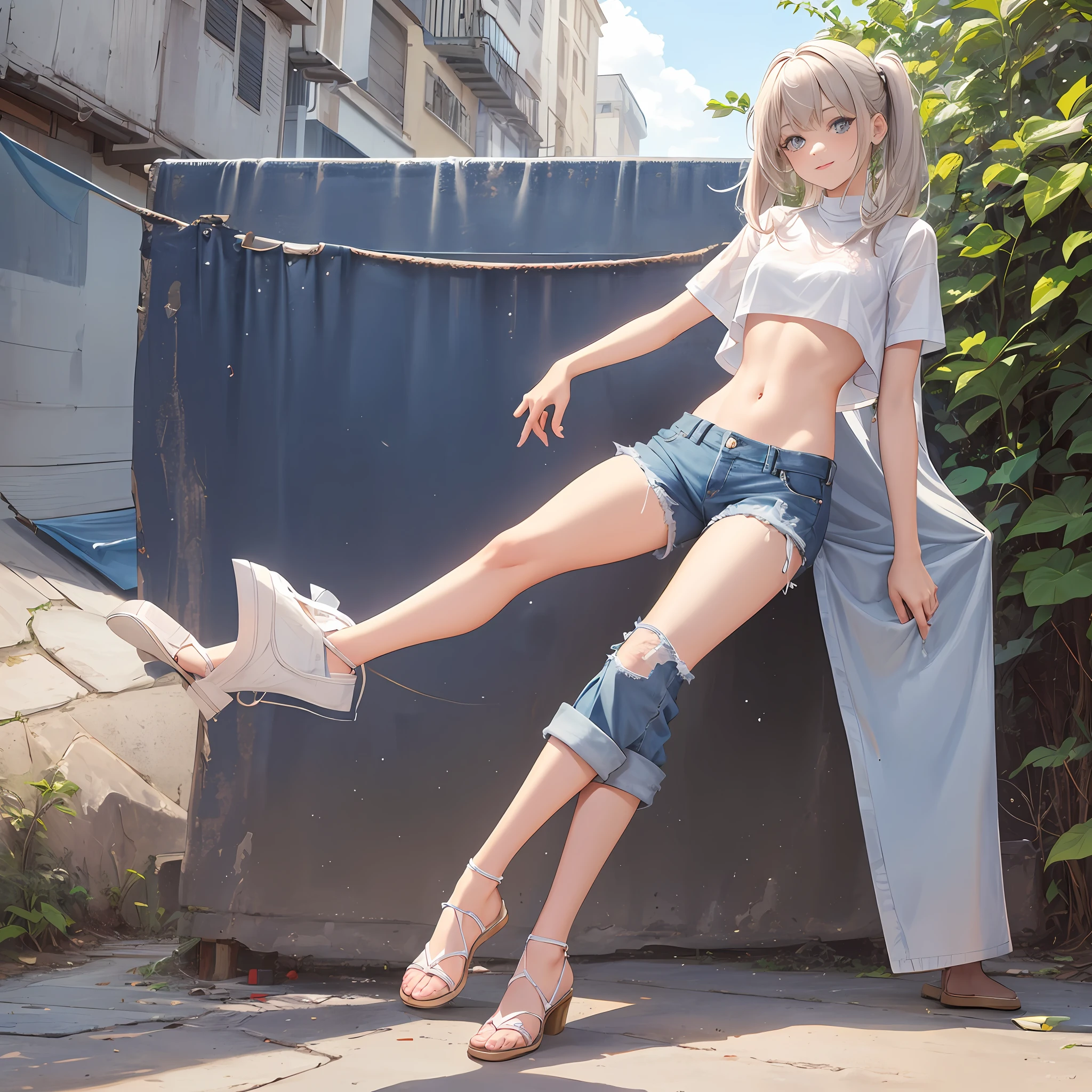 one-girl,crop tops,(((If you look at the girl from her feet,ssee-through,Lower view))),Towering body,sfw,normal clothes,denim pant,(1girll:1.9),low angles,looking at viewert,ssmile,The reveal panties,((lace panty)) --auto