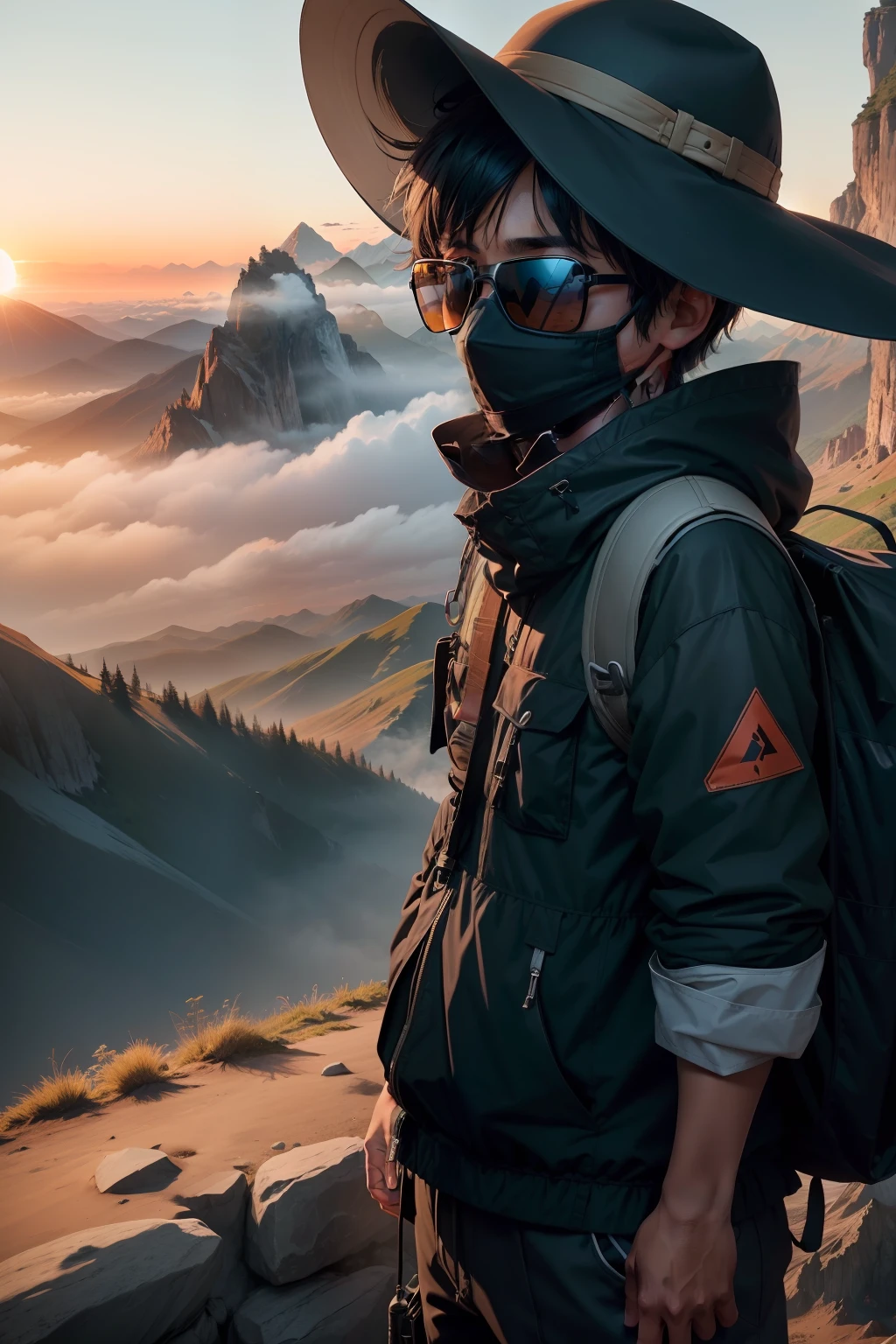 A boy in a black fisherman's hat stands in front of the mountain,, wearing facemask and sunglasses, onthe mountain, haze over the shoulder shot, a wanderer on a mountain, dark visor covering face, wearing face mask, Sunrise hills in the background, onthe mountain