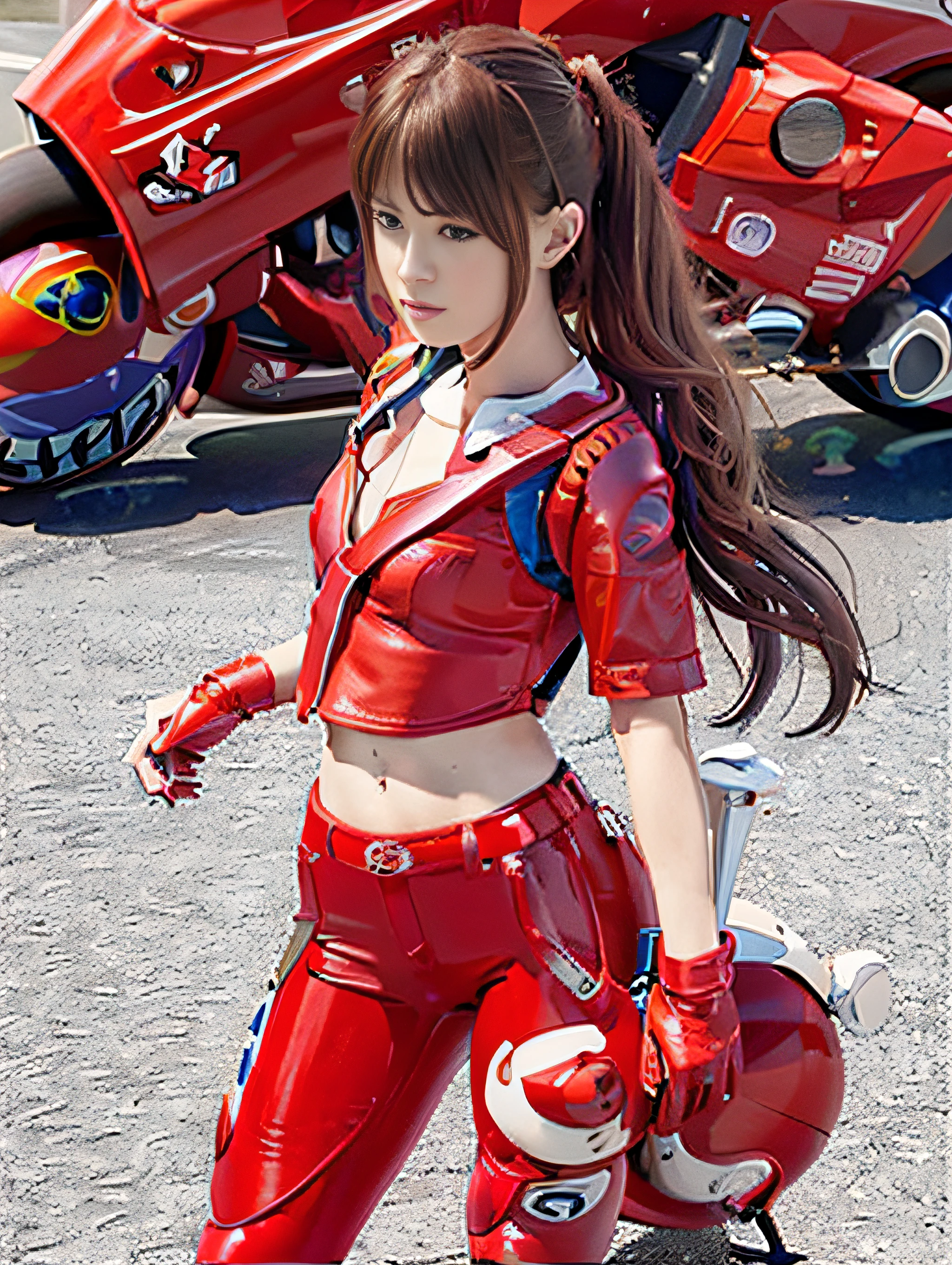 Official art, top-quality, ​masterpiece, 超A high resolution, (Photorealsitic:1.4), Raw photography, ((super realistic details)), portlate, globalillumination, Shadow, octan render, 8K, ultrasharp, Asuka, Eva 02, 1girl in, ears, Englishman, orange color hair, (long hair flowing with the wind), detailed face depiction, Almond-shaped sky blue eyes, long eyeslashes, shiny lip, Tsundere and playful look, (Red low-rise leather pants), (Pure White Cropped T-Shirt:1.4), (Underbust exposure), (Red Down Jacket:1.1), bigin waist, (1 Akira Bike Red:1.4), cycling, natta, Cyberpunk City View, Ultra-detailed CG image quality,
