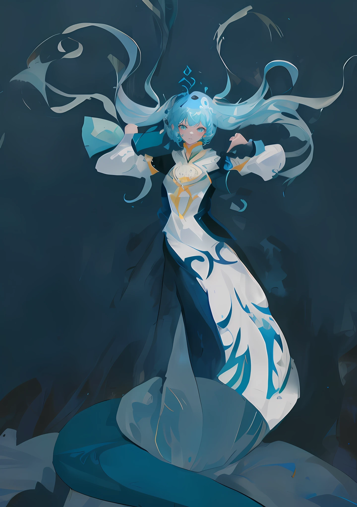 Beautiful woman dancing underwater，（（Surrounded by schools of fish）：1.6），Luoshen，Chinese ink，Wei Jinfeng bones，mermaids，Under water，Water Maiden，Water god，Divine light shines from above，divinity，Chinese style clothes，Hanfu，Chinese long sleeves，Wide sleeves，blue sleeve，Light blue overall style，Color is sprayed on clothes，Paint fan，paint splatter，dampness，Eau，rim-light，vibrant detail，ellegance，best qualtiy，Style painting magic