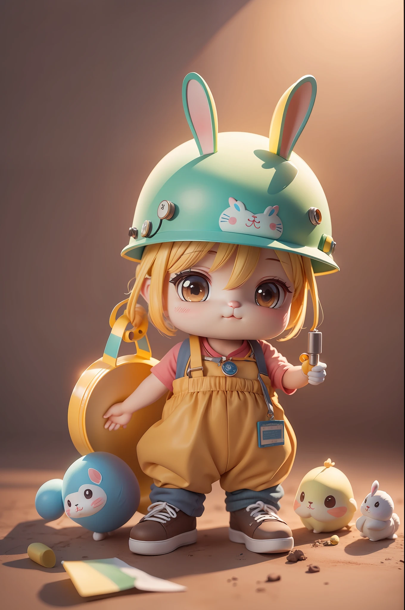 high high quality,Realistic and detailed CG graphics,Colorful scenes,A cute rabbit with a hard hat in the backlight。