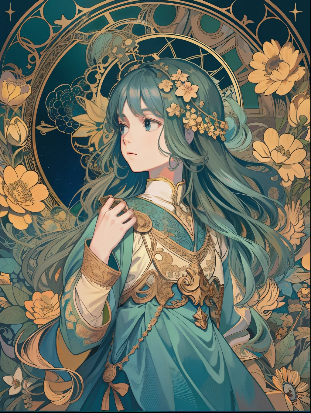 (Flat color:1.1),(Colorful:1.3),(Masterpiece:1.2), Best quality, Masterpiece, Original, Extremely detailed wallpaper for 1 girl,Solo，Blue starry sky，tarot card layout，Best quality, Masterpiece, (Realistic:0.6), Realistic lighting,Flower frame， Decorative panels， abstract artistic， Alphonse Mucha （tmasterpiece， best qualtiy， A high resolution： 1.4）， A detailed， Complicated details， 4K，cerulean， Line art， Fibonacci