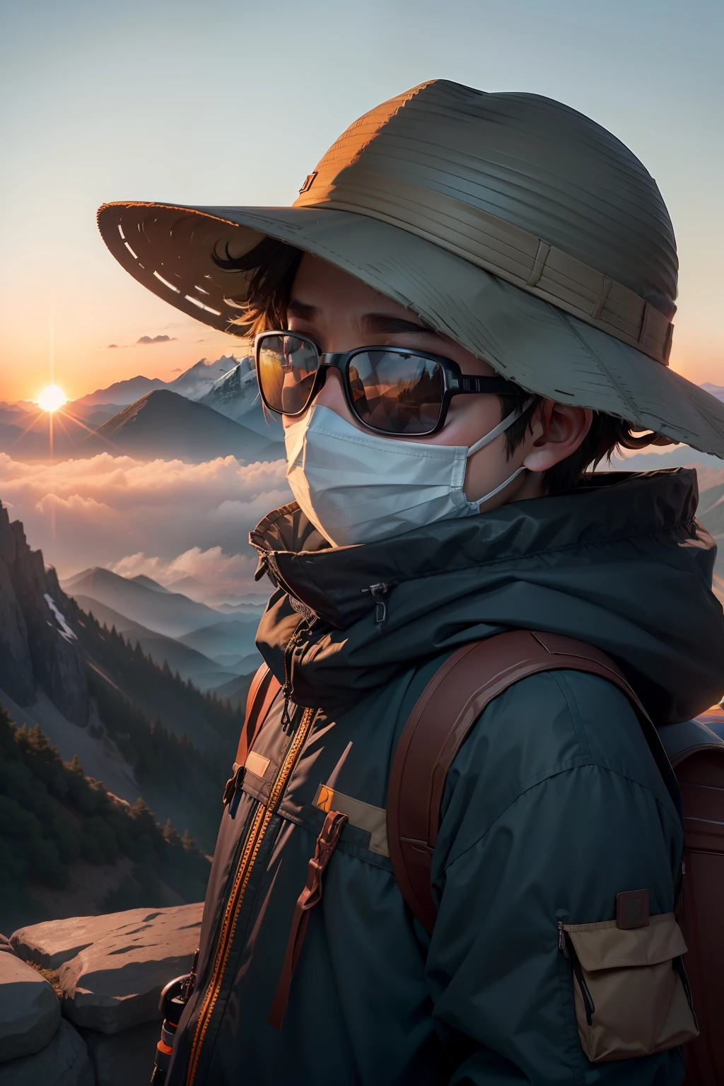 A boy in a fisherman's hat stands in front of the mountain,, wearing facemask and sunglasses, onthe mountain, haze over the shoulder shot, a wanderer on a mountain, dark visor covering face, wearing face mask, Sunrise hills in the background, onthe mountain