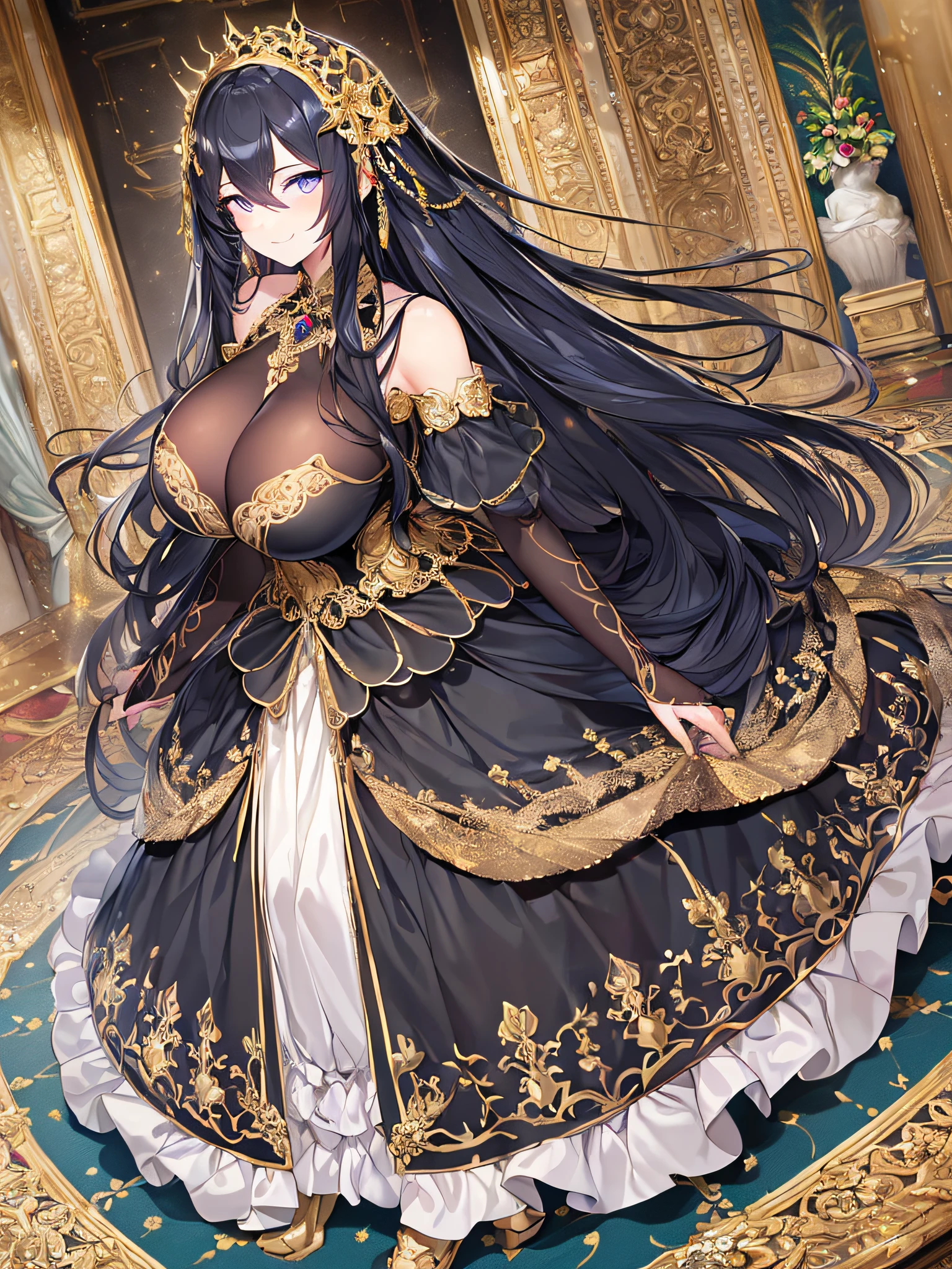 ((anime artstyle)),(Masterpiece),(Best Quality), (Super Detail),((Very Delicate and Beautiful)),((Solo)),((full body)),((1 arrogant Empress in black and gold gorgeousfull rococo dress with voluminous skirt)),detailed face and eyes,jewel-like eyes,((arrogant)),((haughty smile)),dominant pose,(Purple eyes),Sharp eyes,((voluminous Very Long black Hair,Straight Hair)),((Bangs between eyes)),((gigantic tits,Long tits)),curvy,skindentation,((gorgeousfull embroidery and lace)),gorgeous corsage,See-through,gorgeousfull hair ornament,gorgeousfull glitter jeweled tiara,ornate ruffles,((full body)),((hoop skirt,crinoline)),Dynamic Angle,Looking at viewer,(((gorgeous embroidery black and gold gorgeousfull rococo dress with voluminous skirt)),full body