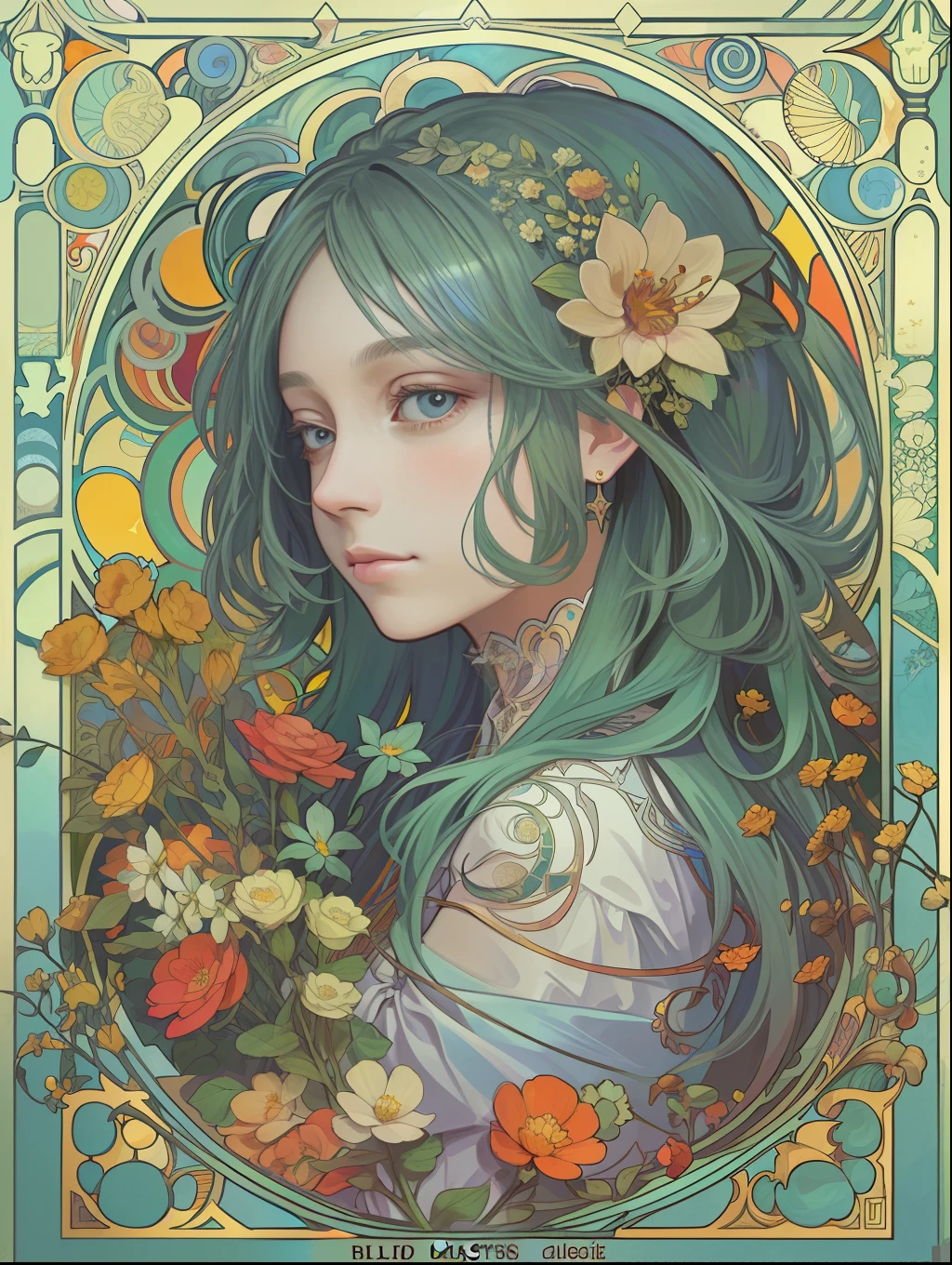 (Flat color:1.1),(Colorful:1.3),(Masterpiece:1.2), Best quality, Masterpiece, Original, Extremely detailed wallpaper for 1 girl,Solo,Blue starry sky,tarot card layout,Best quality, Masterpiece, (Realistic:0.6), Realistic lighting,Flower frame, Decorative panels, abstract artistic, Alphonse Mucha (tmasterpiece, best qualtiy, A high resolution: 1.4), A detailed, Complicated details, 4K,cerulean, Line art, Fibonacci