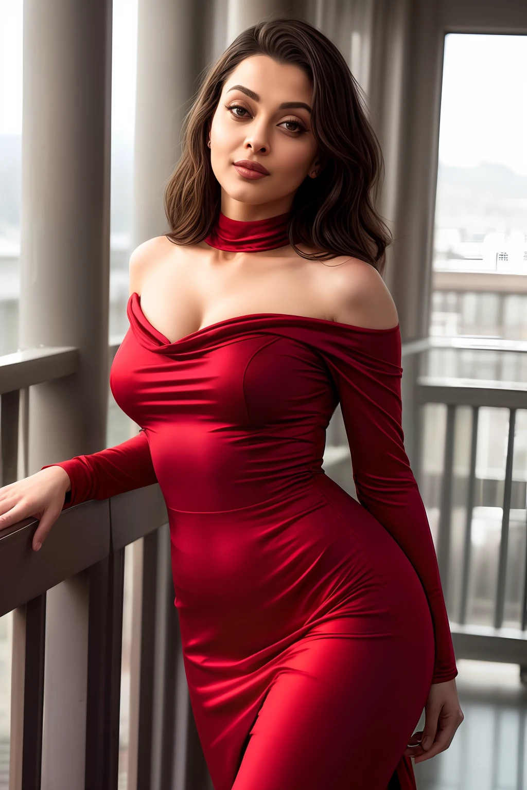 Aishwarya rai as corporate lady, red satin salwar suit with white off shoulder strapless cowl neck top, high heels, athletic curvy figure, open hair, deepcut neckline, erotic bending forward and showing boobs pose in balcony, day scene, hourglass figure, small breasts, fit, seductive face, look at camera and wink, erotic adult face, 40 yo, soft volumetric lights, intricate details, (ArtStation:1.2)