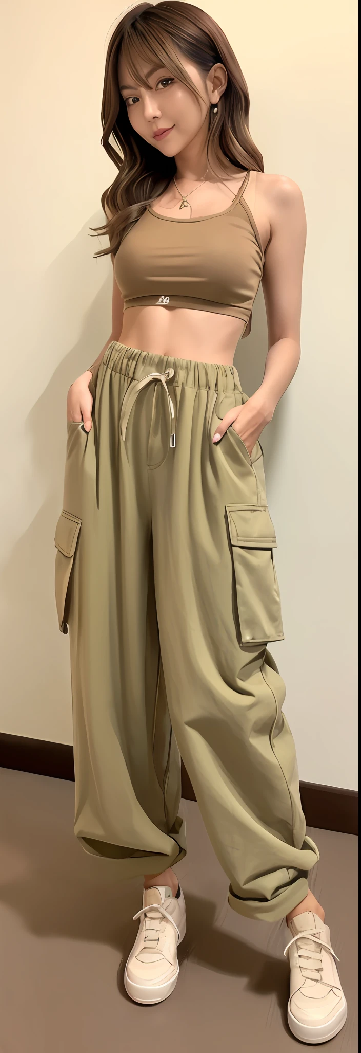 a woman in a tan top and pants posing for a photo, brown pants, military pants, cargo pants, wearing cargo pants, com dois bolsos frontais, low-waisted sweatpants, streetwear casual bonito, with his hands in his pockets, cintura fina, army, Hands in pockets, ❤🔥🍄🌪, cintura fina, cores bege, Pants