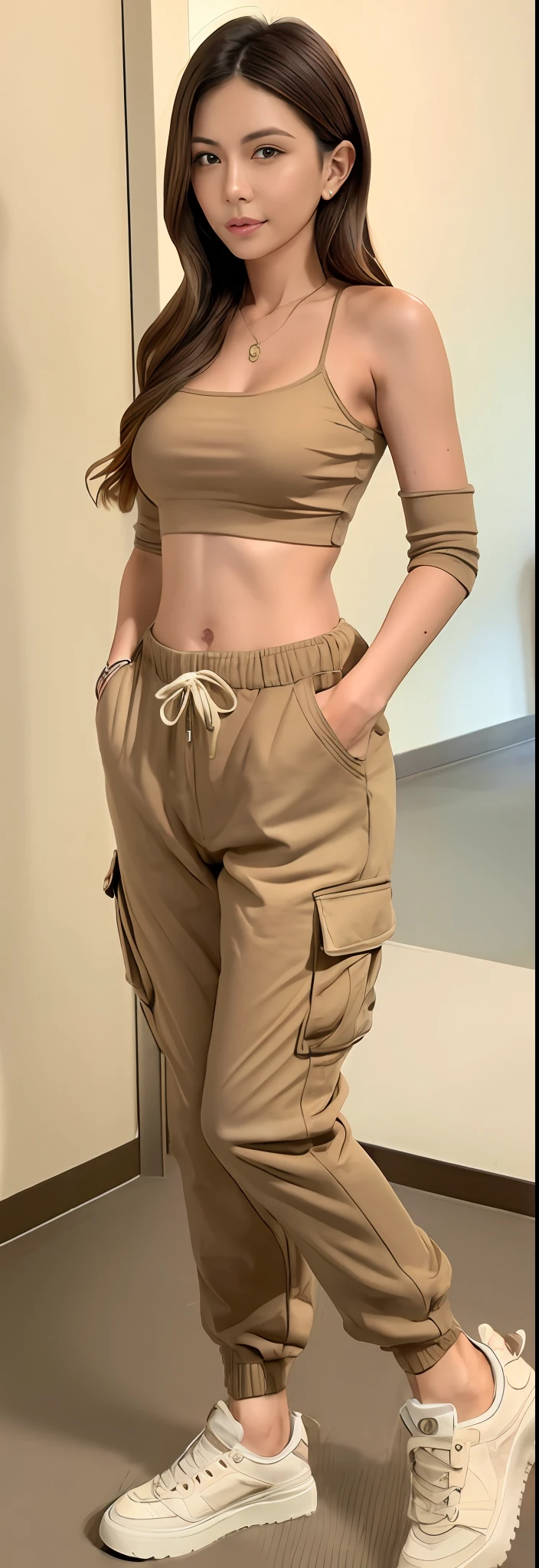 a woman in a tan top and pants posing for a photo, brown pants, military pants, cargo pants, wearing cargo pants, com dois bolsos frontais, low-waisted sweatpants, streetwear casual bonito, with his hands in his pockets, cintura fina, army, Hands in pockets, ❤🔥🍄🌪, cintura fina, cores bege, Pants