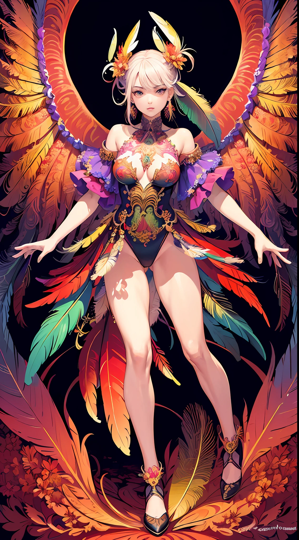 (masterpiece, top quality, best quality, official art, beautiful and aesthetic:1.2), (1girl:1.3), extremely detailed,(fractal art:1.1),(colorful:1.1)(flowers:1.3),highest detailed,(zentangle:1.2), (dynamic pose), (abstract background:1.3), (shiny skin), (many colors:1.4), ,(earrings), (feathers:1.5) , (Flamethrower:1.3),red background,Phoenix dress,