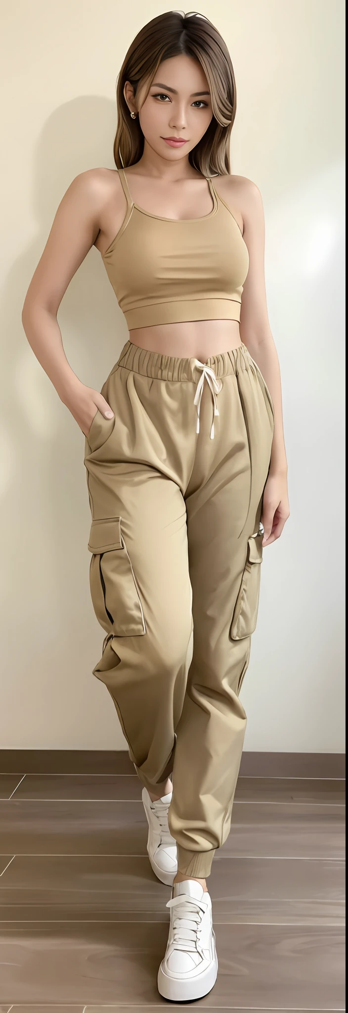 a woman in a tan top and pants posing for a photo, brown pants, military pants, cargo pants, wearing cargo pants, com dois bolsos frontais, low-waisted sweatpants, streetwear casual bonito, with his hands in his pockets, cintura fina, army, Hands in pockets, ❤🔥🍄🌪, cintura fina, cores bege, Pants