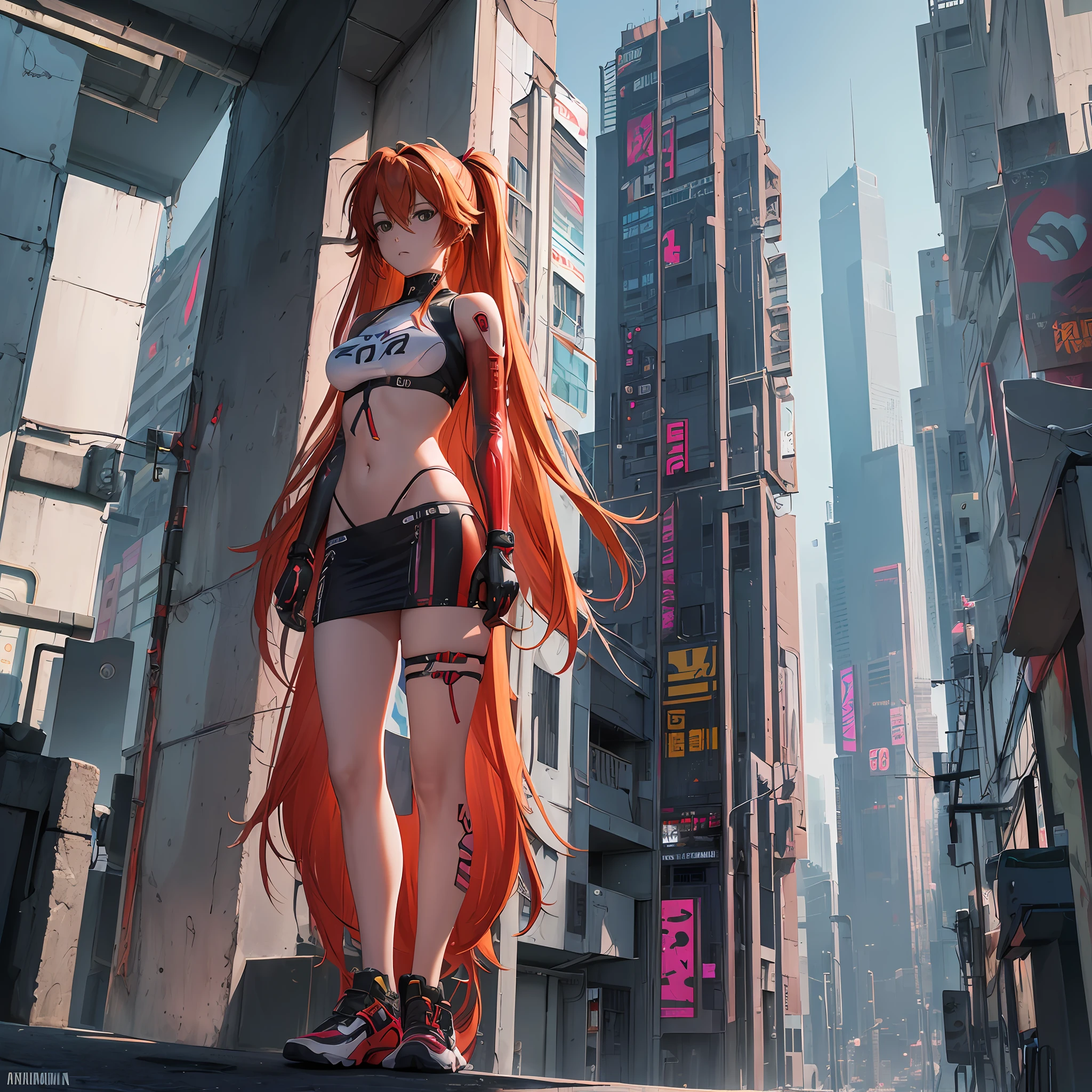 ((mejor calidad)), ((obra maestra)), (muy detallado:1.3), ..3d, hermoso (cyberpunk:1.3) ((Asuka Langley Shikinami)), ((Ropa transparente)) flaca pero con buenos pecho, ((falta muy corta)) ((trasero slim perfecto)) ((Vistas desde abajo) con medias, transparencias, encaje, en un edificio cyberpunk afuera --auto