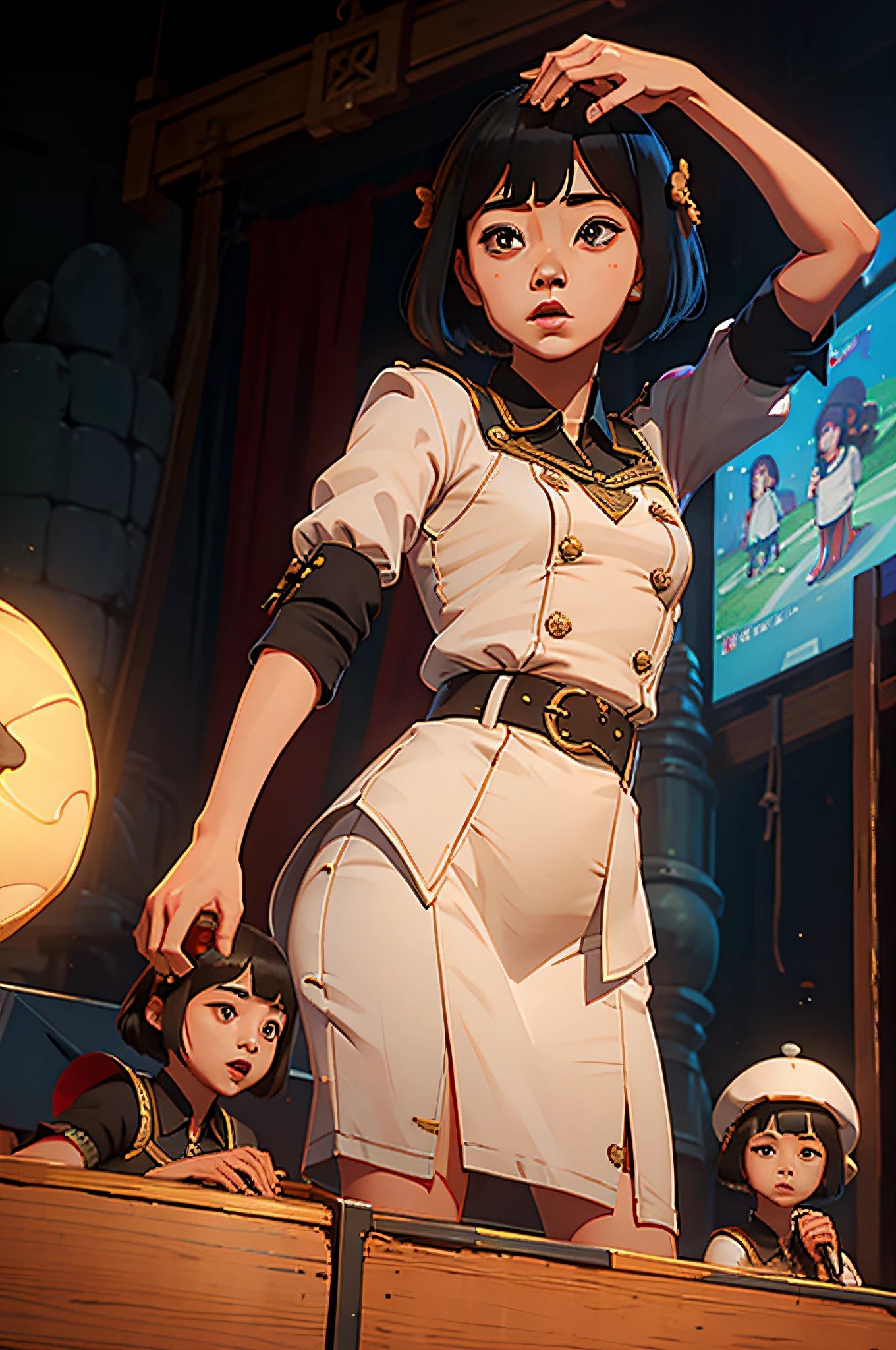 Small concert scene，singers，Short hair mushroom head girl，Peerless beauty，Sister Gao Leng，guard，