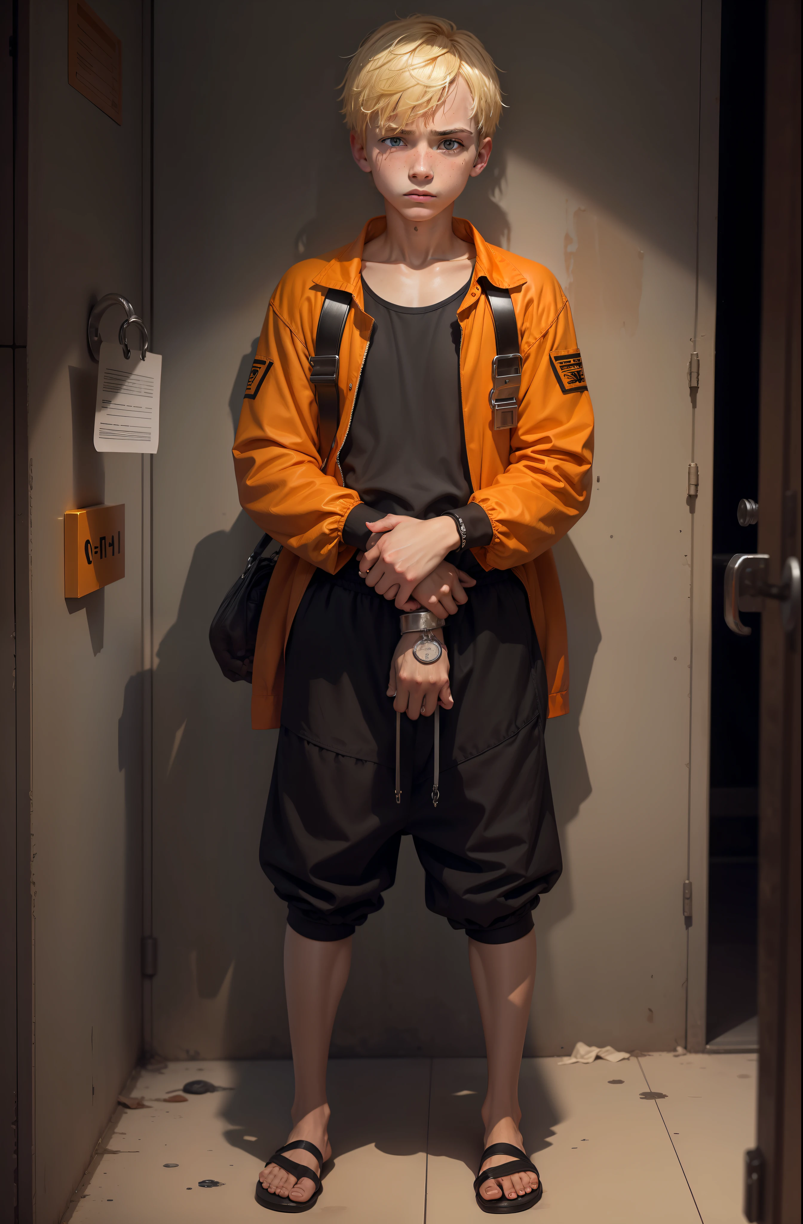 A 14-year-old blond boy had some filth on him，Wearing an orange one-piece prison suit，Handcuffs on their hands，Wearing leg irons on his feet，Wearing black flip-flops，He was escorted by prison guards，Melancholic look prison background