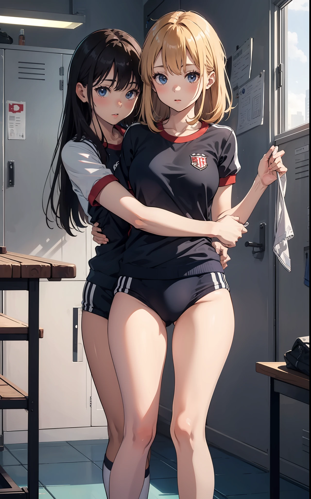 locker room, 2girls, gym uniform,
princess carry,, masterpiece, best quality, highly detailed