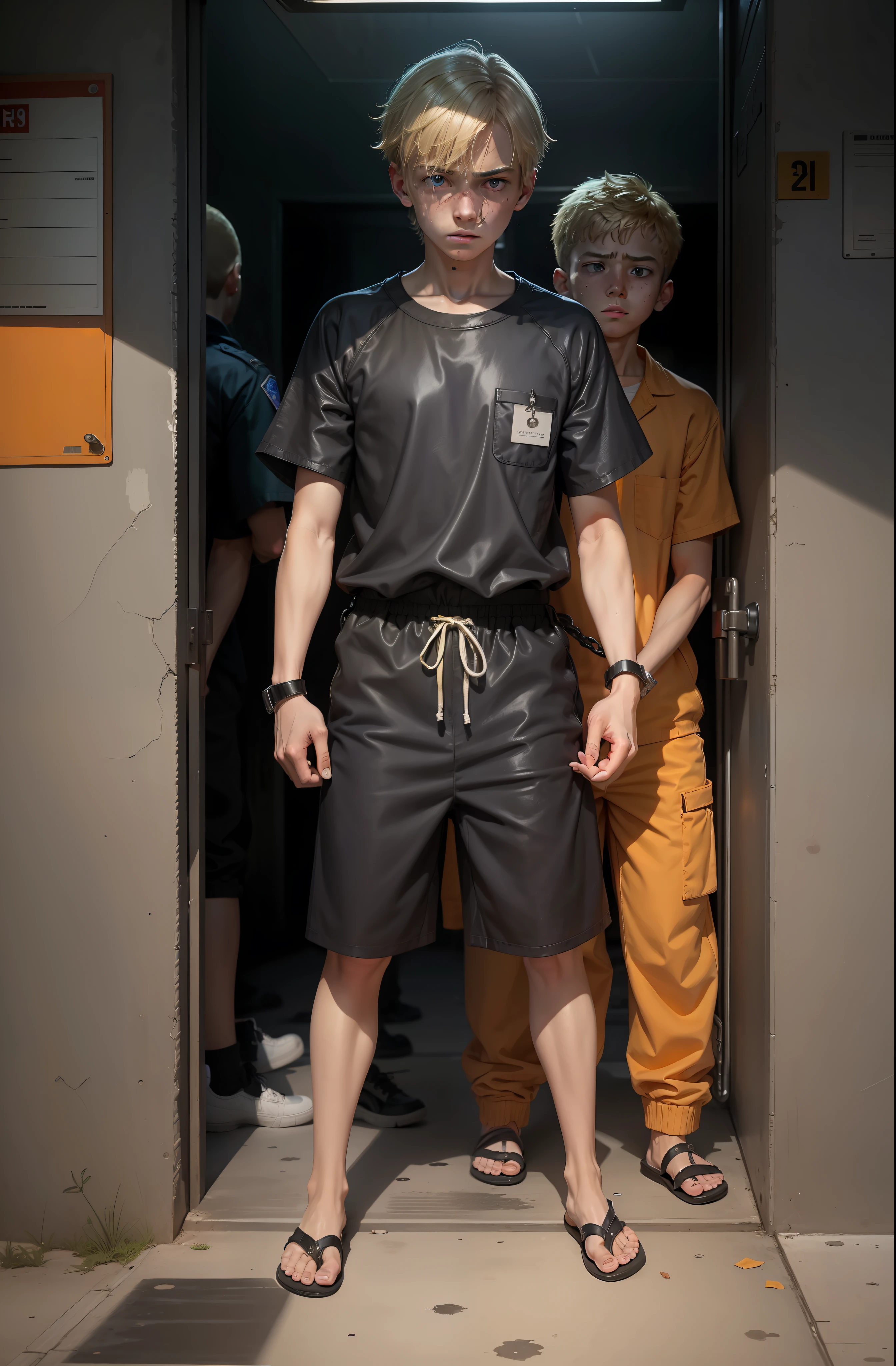 A 14-year-old blond boy had some filth on him,Wearing an orange one-piece prison suit,Handcuffs on their hands,Wearing leg irons on his feet,Wearing black flip-flops,He was escorted by prison guards,Melancholic look prison background