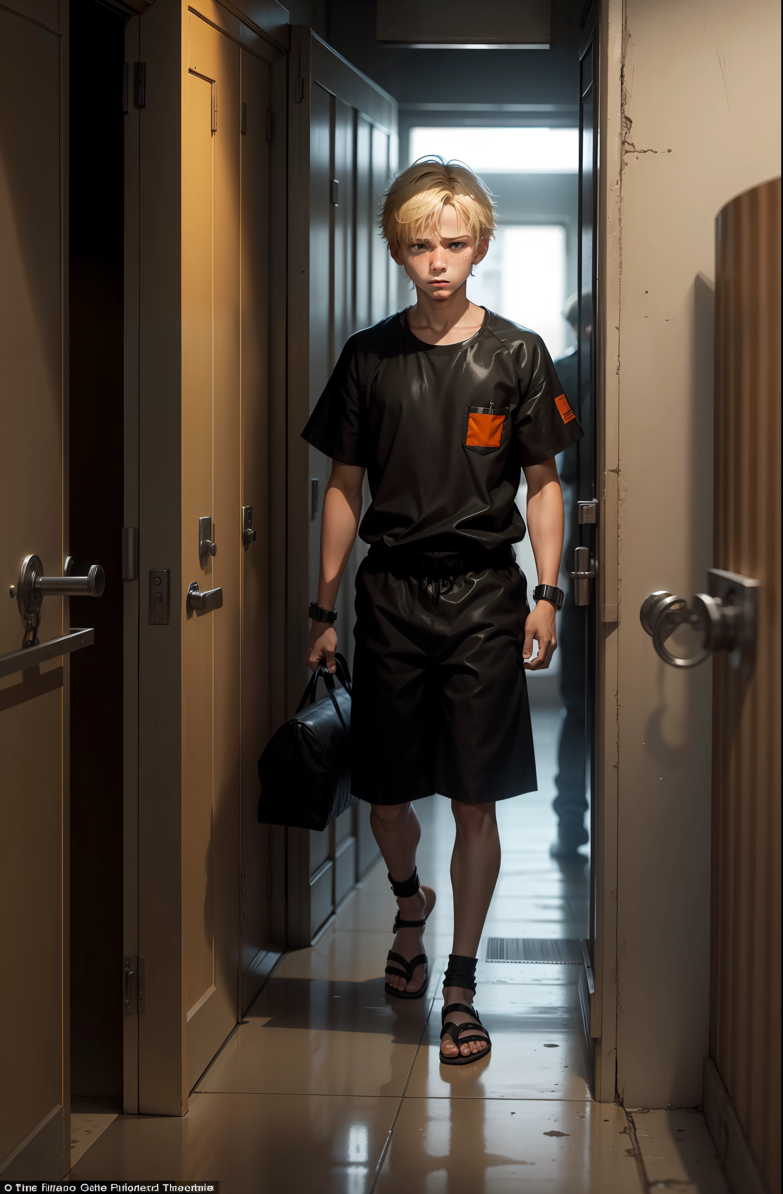 A -yeld bl boy had some filth on him,Wearing an orange one-piece prison suit,Handcuffs on their hands,Wearing leg irons on his feet,Wearing black flip-flops,He was escorted by prison guards,Melancholic look prison background