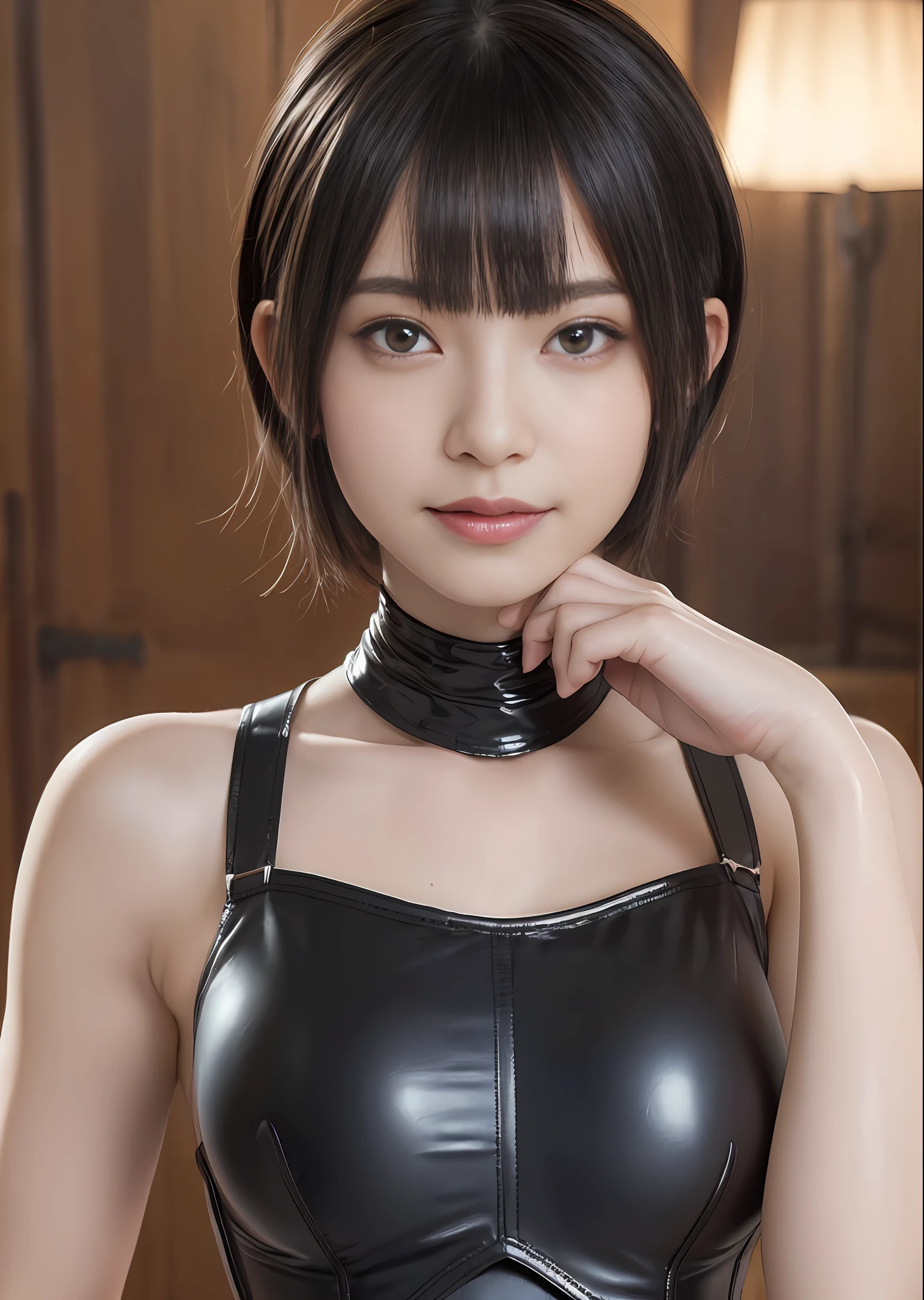 A slight smil,BDSM,slave,rubber,Black corset,shackle,gargantilha,nsfw,((top-quality、8k、masterpiece:1.3))、Crisp focus:1.2、(layers-Cut、huge tit:1.2),Beautiful woman with perfect body shape:1.4、Slender abs:1.2、a wet body:1.5、Highly detailed facial and skin texture、A detailed eye、二重まぶた,Bob Cut Hair,(cammel toe)