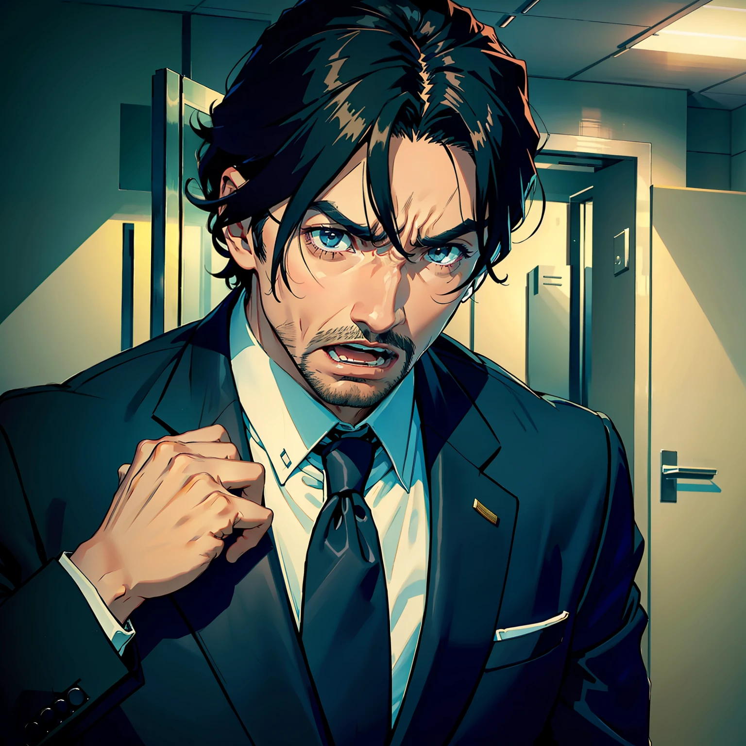 A man,dressed in a suit,managing director,With a dull expression,Very wide open mouth,agitated,Cold sweat on the head