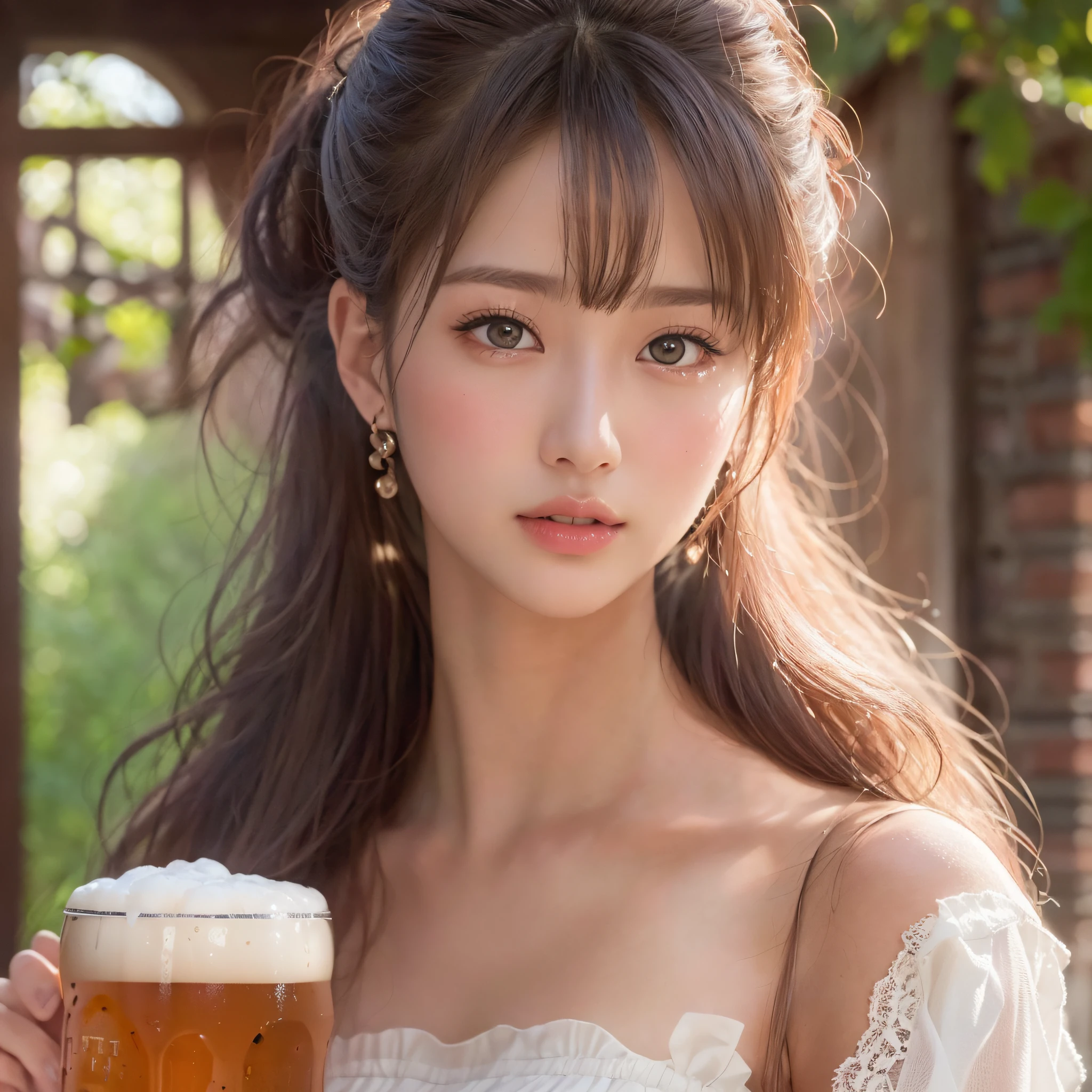 (Background, beer garden):1.3, (fullbody:1.3), (Bun hair), (top-quality, Photorealsitic:1.4, masterpiece:1.3, RAW Photography:1.2, cinematric light, very detailed illustration), (1woman:1.3, solo), (Beautiful woman holding big beer mug in hand), (Beautiful asian girl, ultra delicate face, ultra Beautiful fece, ultra delicate eyes, ultra detailed nouse, ultra detailed mouth, ultra detailed facial features), (white lace waffle dress), (small breast:1.3), from the front side, skiny, lipgloss