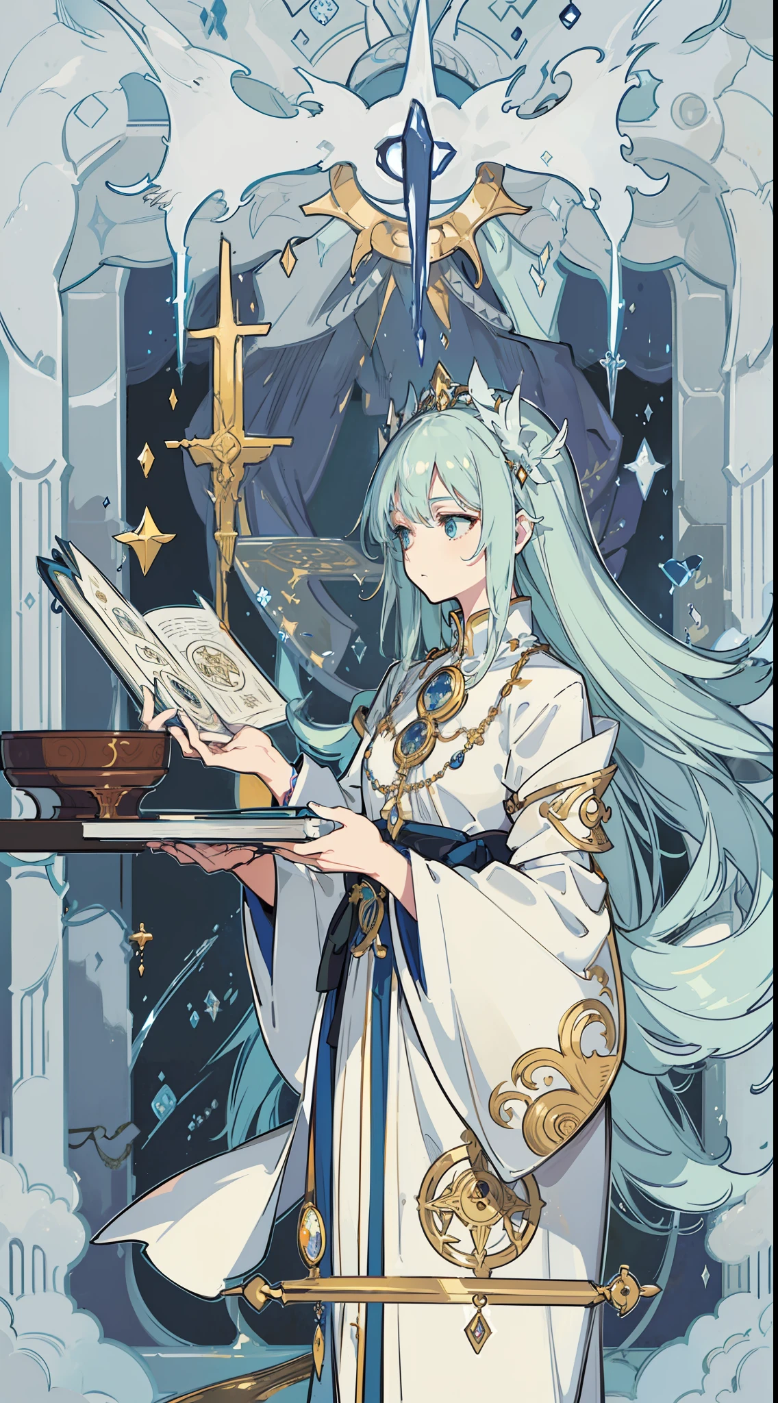 masterpiece,(bestquality),highlydetailed,ultra-detailed, pale , mystical , (tarot cards), (magic symbols), (moonlight), (magic crystals), (mysterious fog), (ancient book), (ethereal), (ceremonial robes), (intricate patterns), (mystical creatures), (enchanting atmosphere), (divine intervention), (spiritual journey), (fortune-telling), (mystic symbols), (mystic candlelight), (magical aura),(magic incantations), (secret knowledge),(spellbinding),(tarot reader),(tarot table),(aura of mystery), (occult experience)