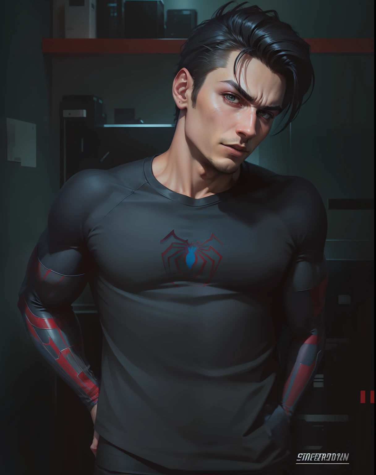 Change background, cyberpunk, handsome boy, realistic face, 8k, hd, ultra realistic, spiderman avatar, no face change, stylish hairs, spiderman suit wearing, spiderman suit red colour full body covered suit, real face, no changes in face structure, convert black t shirt to spiderman suit, handsome hero, web slinger, spiderman look, cyberpunk background