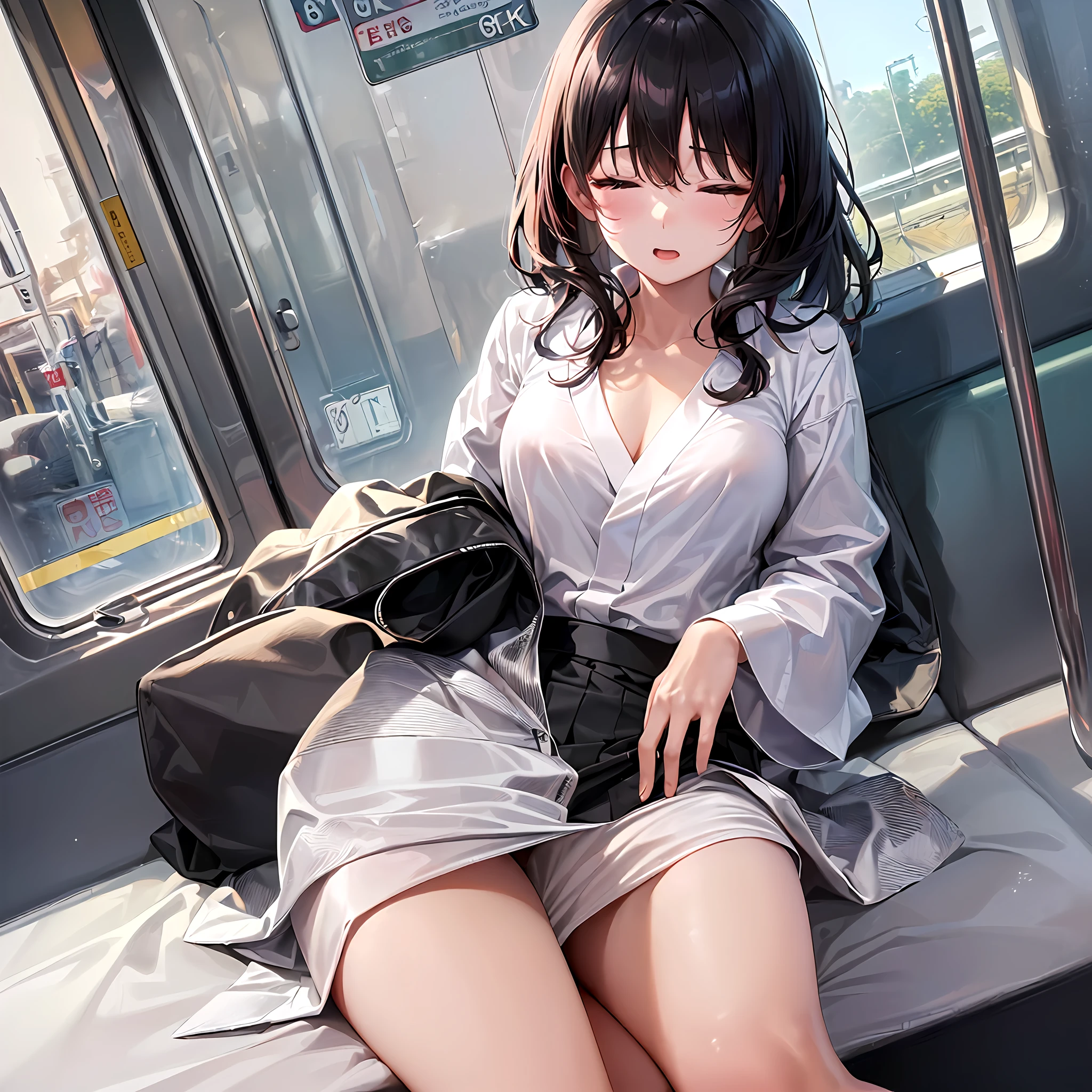 ((top-quality、8K、masterpiece:1.3))、Crisp focus:1.2、Beautuful Women、A slender, Highly detailed facial and skin texture, (((Nap on the train))), (((White Silk Satin Shirt))), (((japanes))), 26 year old, (((Black tight skirt))),high-heels, ((OL)), (Sleeping face), bangss, 1womanl, ,