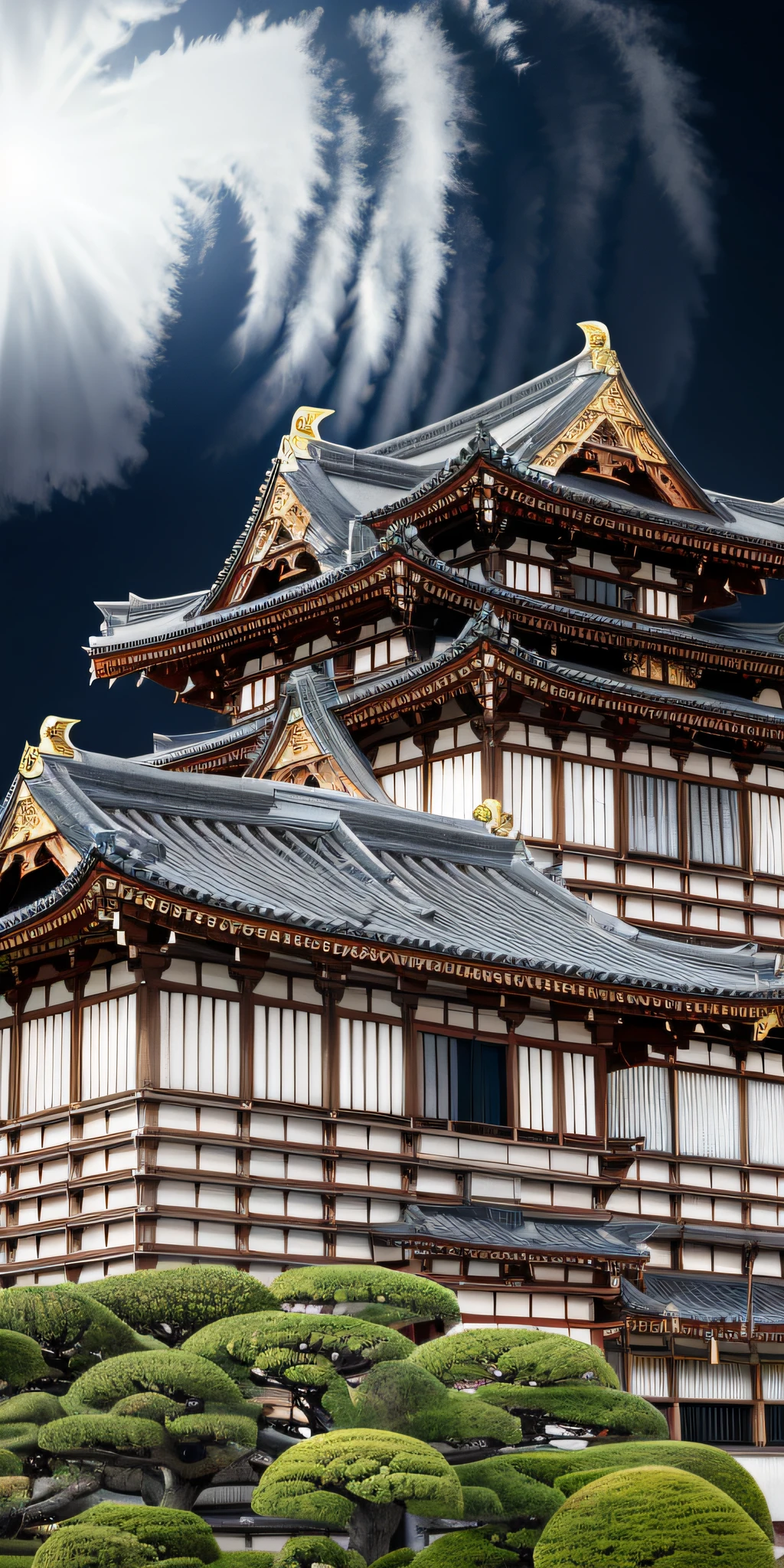 (masterpiece、top-quality、top-quality、Official art、Beautifully Aesthetic:1.2)、ighly detailed、Nagoya Castle、Himeji Castle、Kumamoto Castle、Egret City、Edo Castle、Wooden doors and stairs leading to stone buildings, ancient japanese architecture, Shing mun、borgar、solid、feudal japanese setting, , japanese heritage, Preserved history, front side, Edo period castle in the background, japanese architecture, Historical setting, Japanese castle , Battlefields of the Ancient Japan, Houses from the Edo period、Warring states period Japan castle、outside of house、Skysky、clouds、natta、No humans、mont、jpn, moonlights, cinemagraph, landscapes, Eau, The tree, dark sky, falls, cliff, naturey, lake, a river, cloudy ash sky, awardwinning photo, bokeh dof, depth of fields, nffsw, bloom, chromatic abberation, Photorealsitic, ighly detailed, Trending on ArtStation, CGsociety Trends、Complex and、in detail、Dramatic and、halfway art