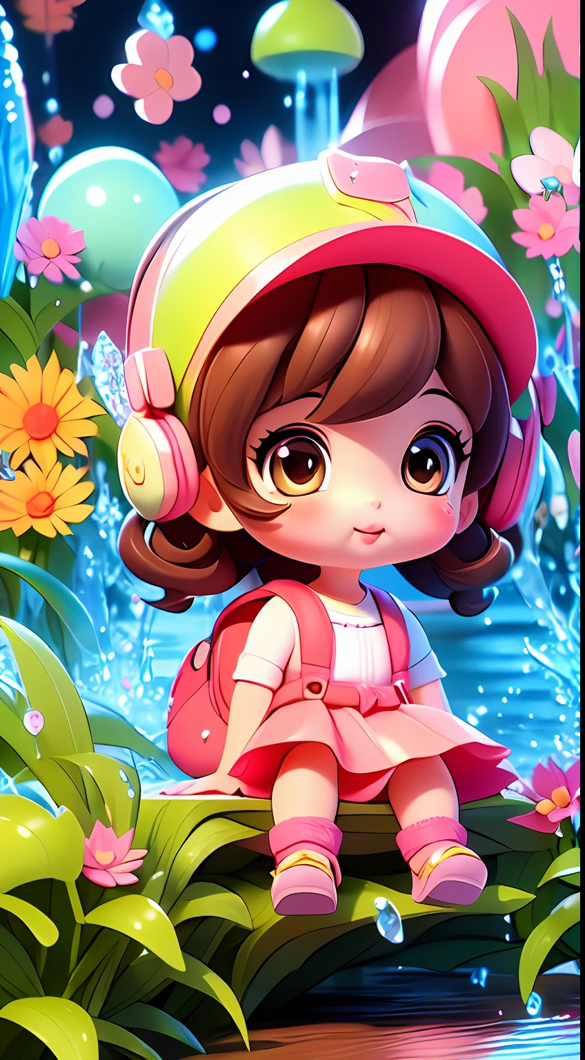 The barefoot,Little cute child,ultra-clear,4k画质,Cute cute super cute,Big eyes of the water spirit,Pink skirt,brown hair,Ultimate skin,Carrying a cute bunny backpack,Sitting on the steps,weeping,