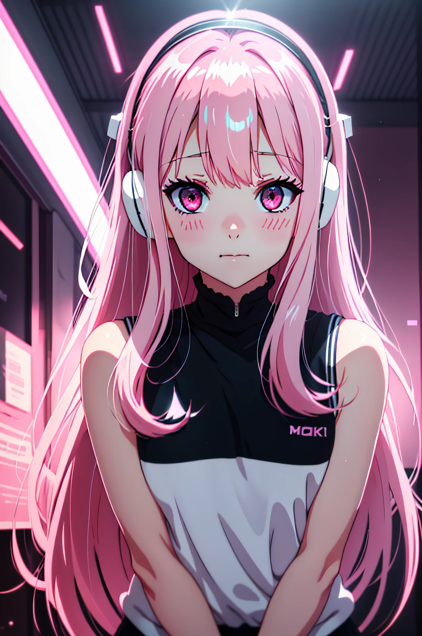 Parted bangs, Medium hair, pink hairband, One eye closed, Pink eyes, Shy, Anime style, filmgrain, reflective light, Ray tracing, Glowing light, move chart, 16k, Textured skin，Hair covers the ears