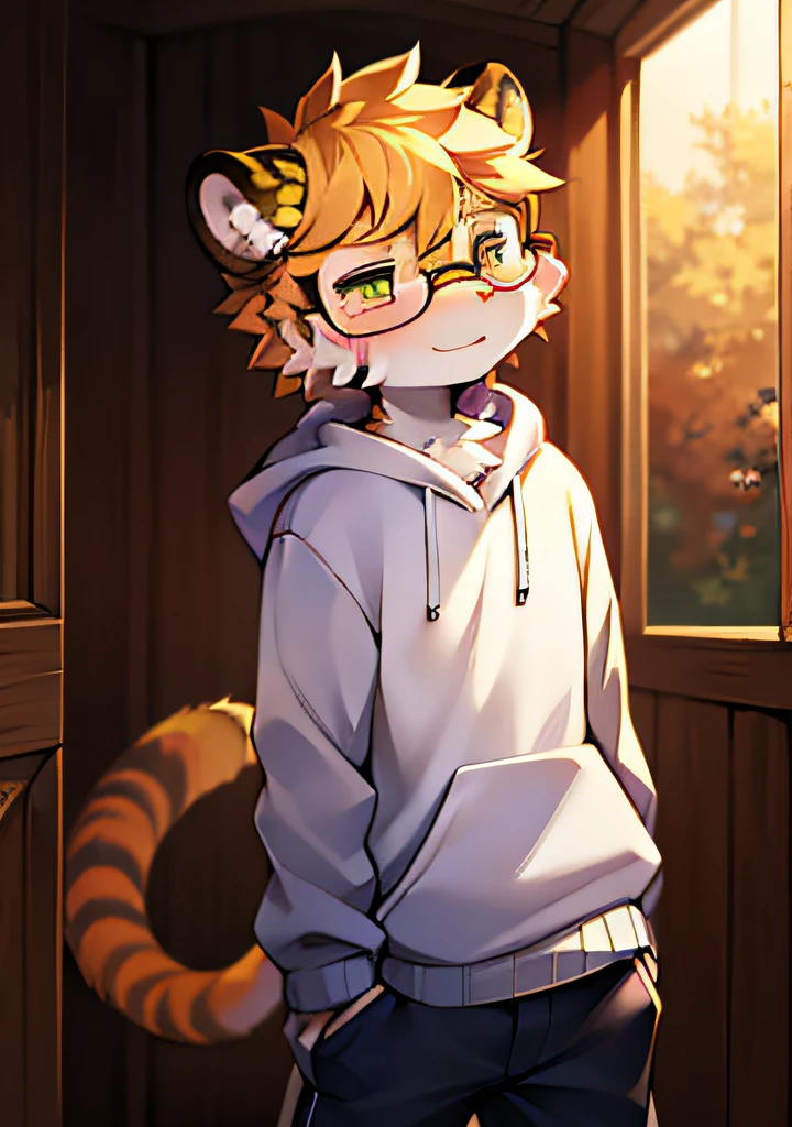 (Bright environment:0.8),eyes with brightness, Upper body, Character focus.(detailedbackground:0.7), adolable,furry men,Young age,The head is on the large side,shaggy male,Sunny and cheerful,wearing black rimmed glasses,White sweatshirt,tigre,(Long felines,Shota,Normal standing posture)Steady and secure,Fluffy