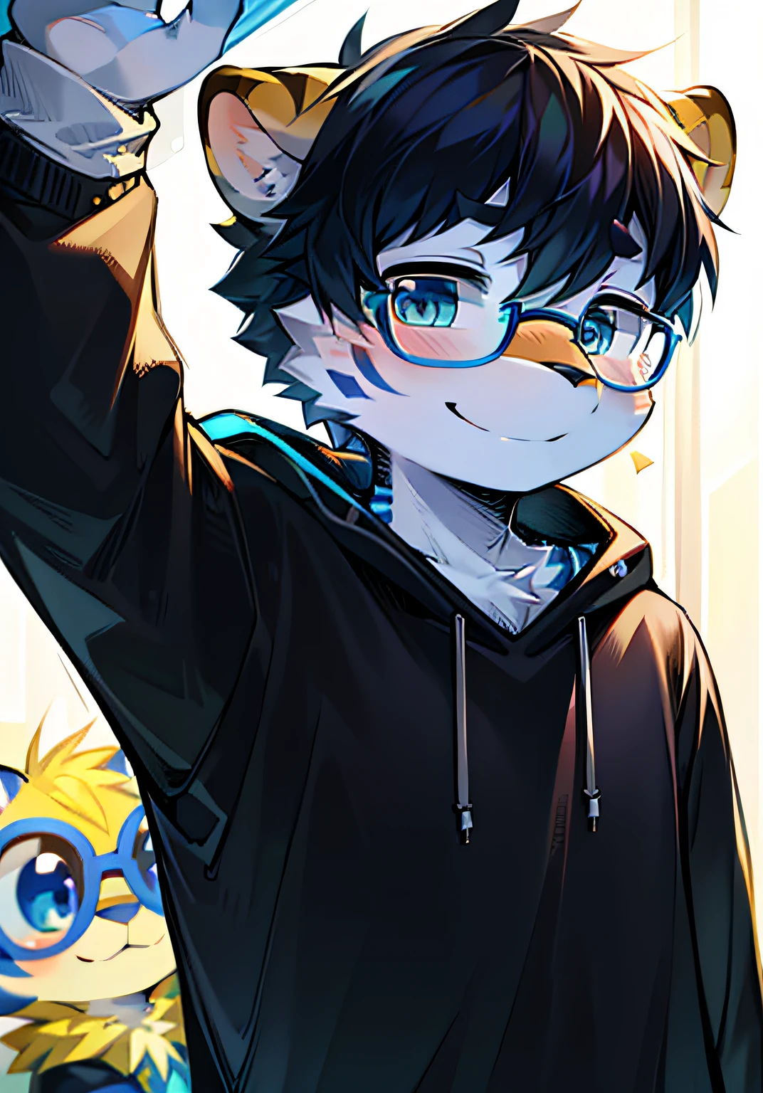 (Bright environment:0.8),eyes with brightness, Upper body, Character focus.(detailedbackground:0.7), adolable,furry men,Young age,a plush,Sunny and cheerful,Smiling,Wear blue and black glasses,White sweatshirt,No hair,tigre,Steady and secure