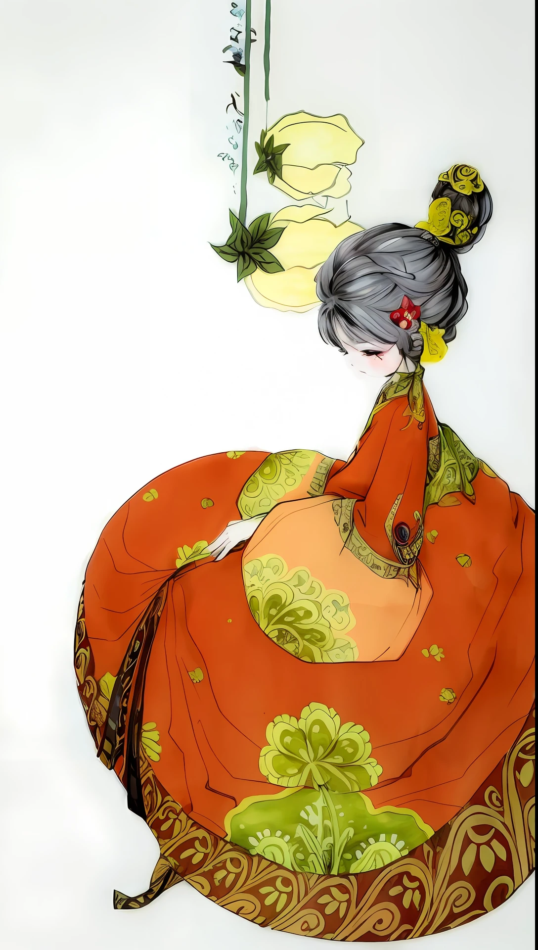There was a woman sitting on a cushion,A bird in the background, korean art nouveau anime, A beautiful artwork illustration, inspired by Tang Di, style of yoshitaka amano, persian folkore artstyle, persian folktale art style, author:Chiho Aoshima, author:Ethan Tanaka, author:Mei Qing, Palace , A girl in Hanfu