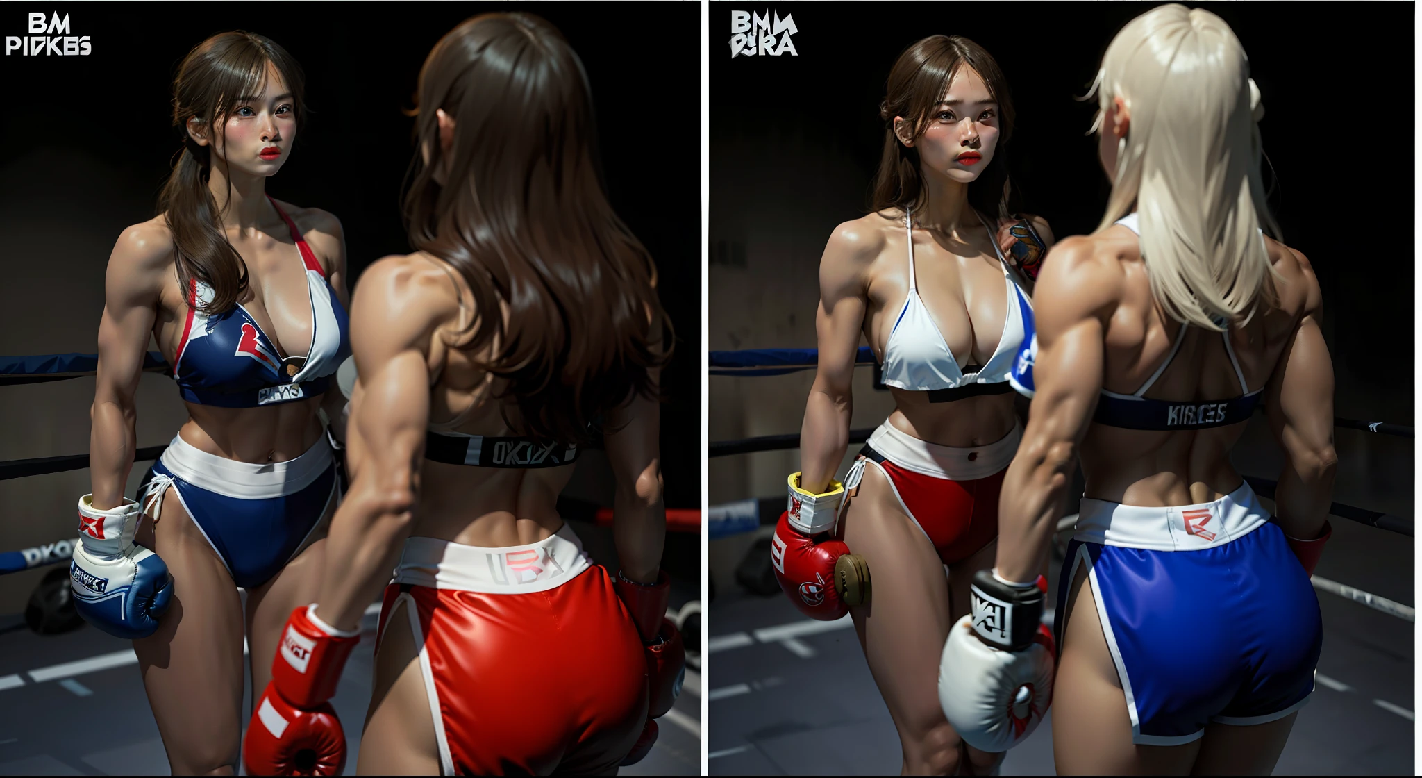 there is a woman in a bikini and boxing gloves