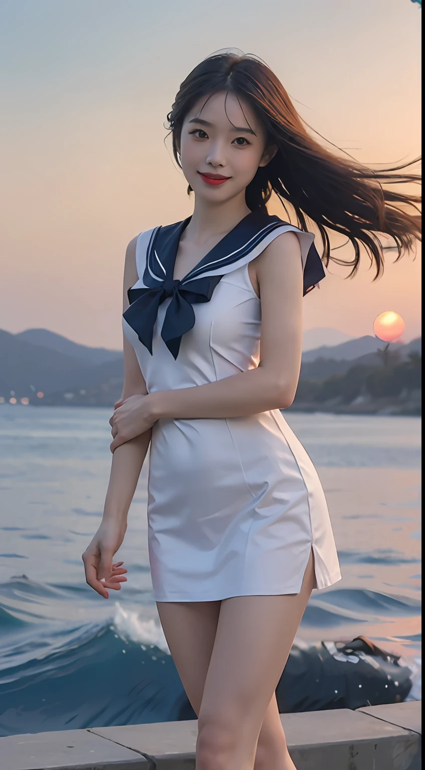 (1girll:1.3), (Best quality, Masterpiece, 超高分辨率),(Photorealistic:1.3), (Realistic:1.3), Depth of field,(full bodyesbian:1.2), (Outdoors:1.2), (Sunset:1.2), (Cinematic lighting:1.2), (Dim light:1.2), (Sea, blue sky with clouds, Beach background),(Closed mouth), (Light smile:1.2), (Expressive hair:1.2), (Floating hair:1.2), ([black] Hair:1.2), (Sailor dress:1.3),Busty, vivacious and seductive, (only one girl:1.2),(standing:1.2), (Slender:1.2), (Slender legs:1.2), (Slim legs:1.2), (Long legs:1.3), (view the viewer, facingviewer:1.2), (angle of view:1.3), (sfv:1.4), (Dynamic pose:1.2), (straight-on:1.2), (Large breasts:1.2),