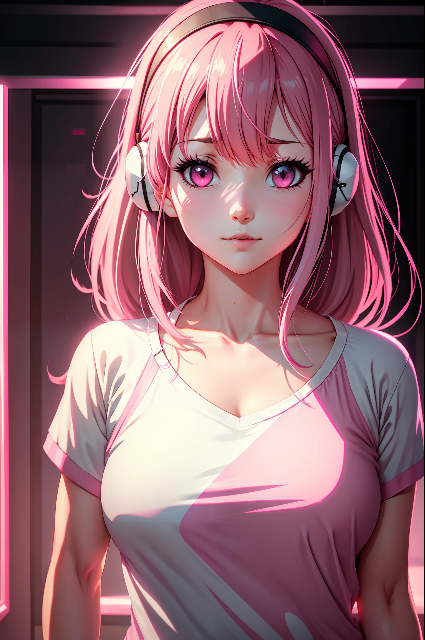 Parted bangs, Medium hair, pink hairband, One eye closed, Pink eyes, Shy, Anime style, filmgrain, reflective light, Ray tracing, Glowing light, move chart, 16k, Textured skin,Hair covers the ears