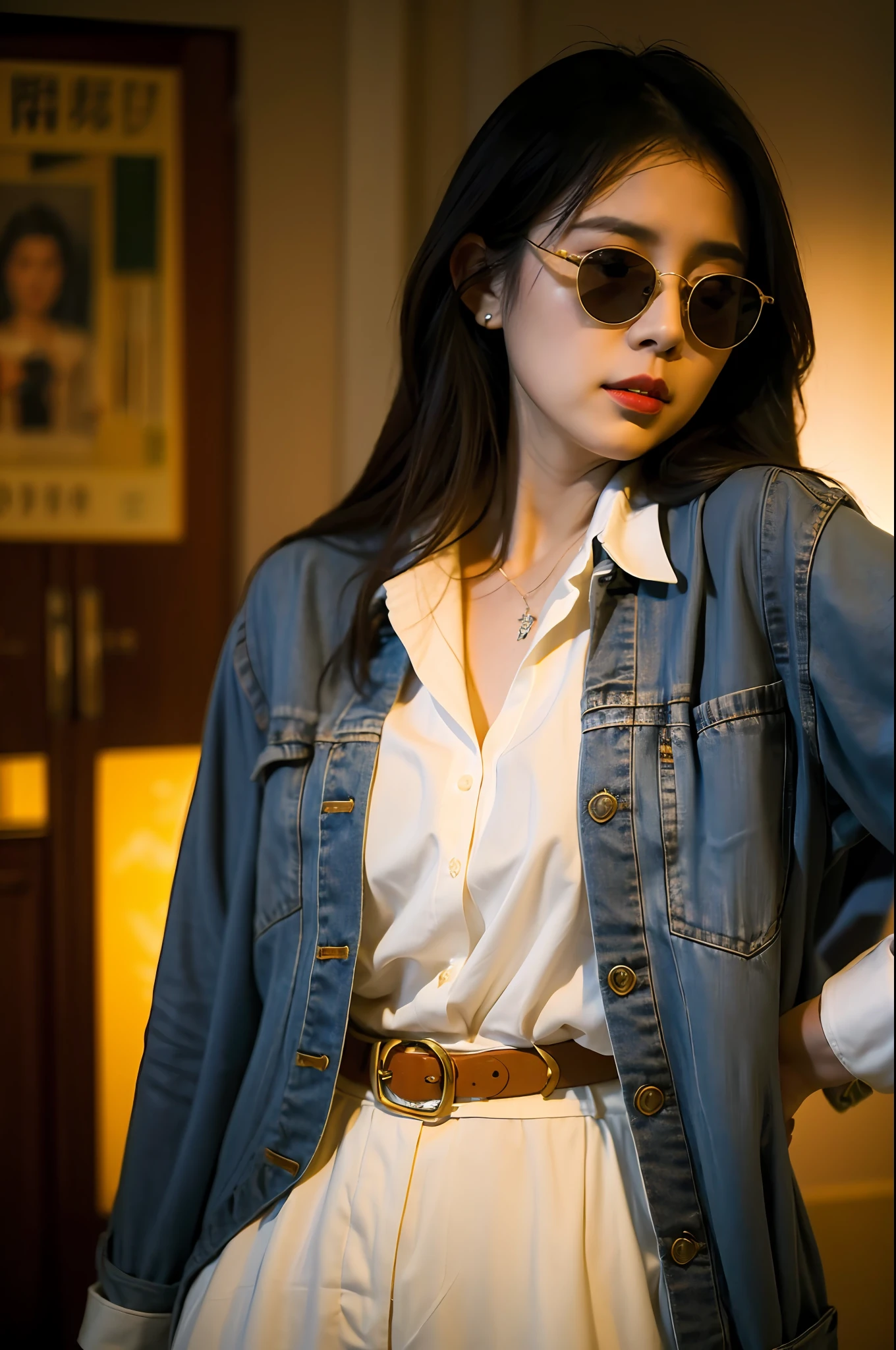 Best quality,Masterpiece,超高分辨率,(Realisticity:1.4),Original photo,Cinematic lighting,1girll,hongkongstyle,hong kong,cowboy,sunglasses,