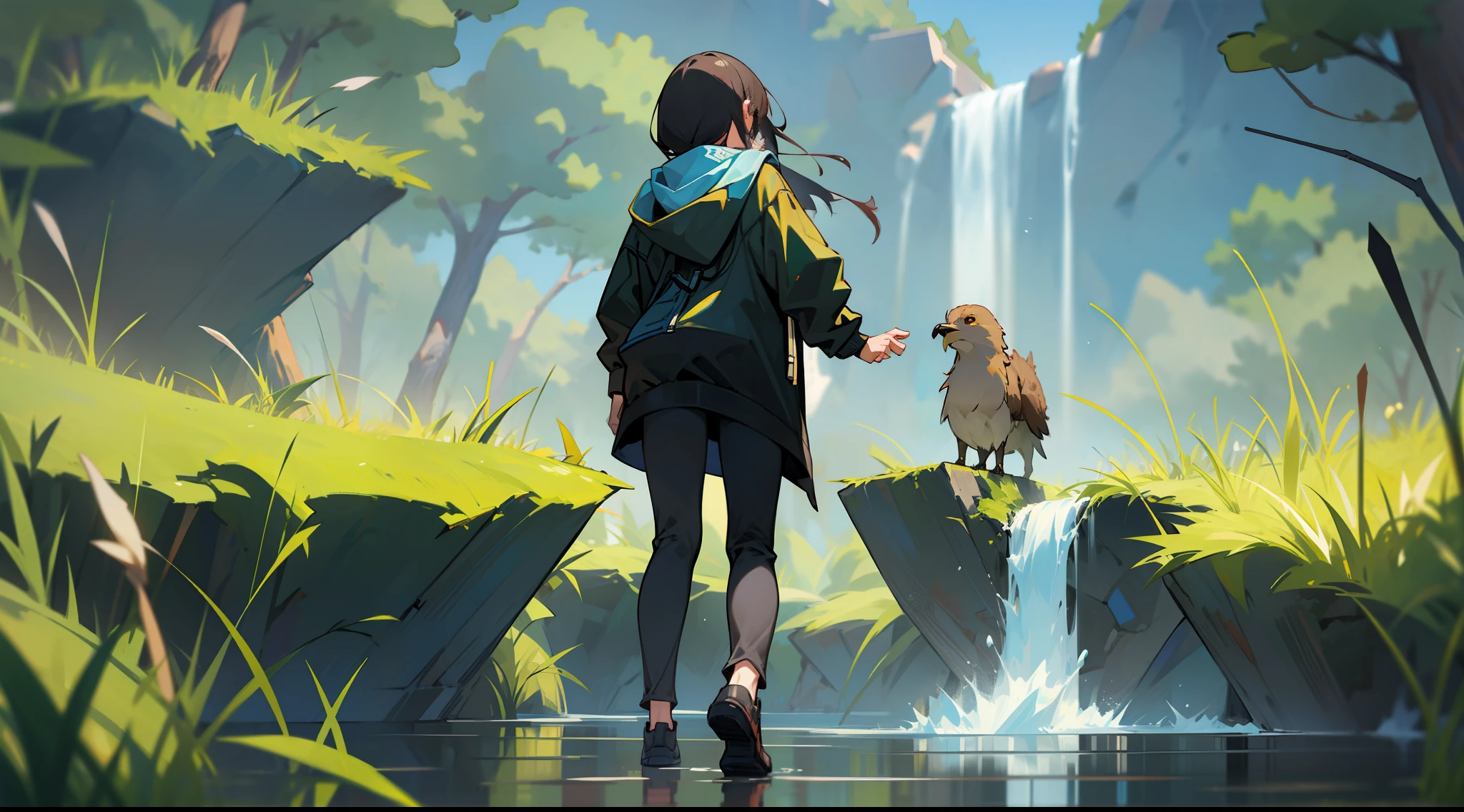 MKSKS style, (Very detailed background:1.0), (highly detailed back ground:1.0), 1girll, full_Body, Looking_at_peeping at the viewer, Hoodie, partly_unzipped, Masterpiece, Best quality, (1girll, Solo, Girl:1.2), Lake, Grass, walking on the water, Jumps, Stone ruins, color difference, Depth of field, Soft lighting
