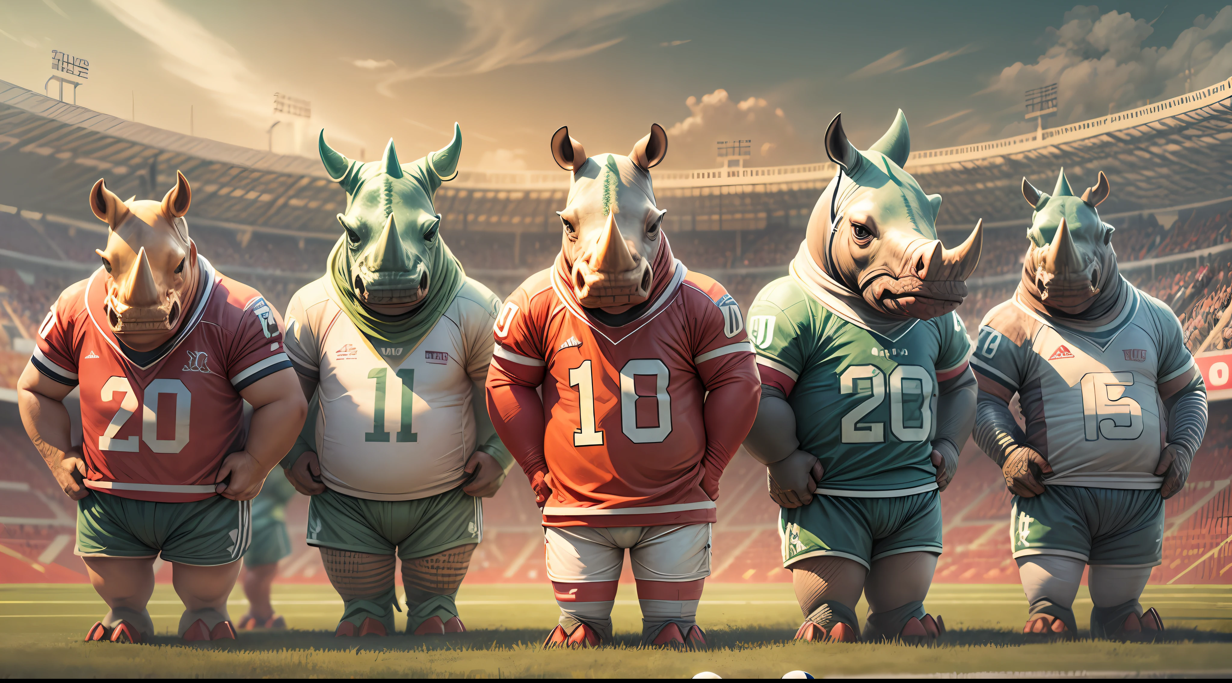 A team of anthropomorphism rhinos,in a line,taking a group photo ,wearing soccer jerseys,standing in a football field,masterpiece, best quality, ICinematic, Hyper-detailed,