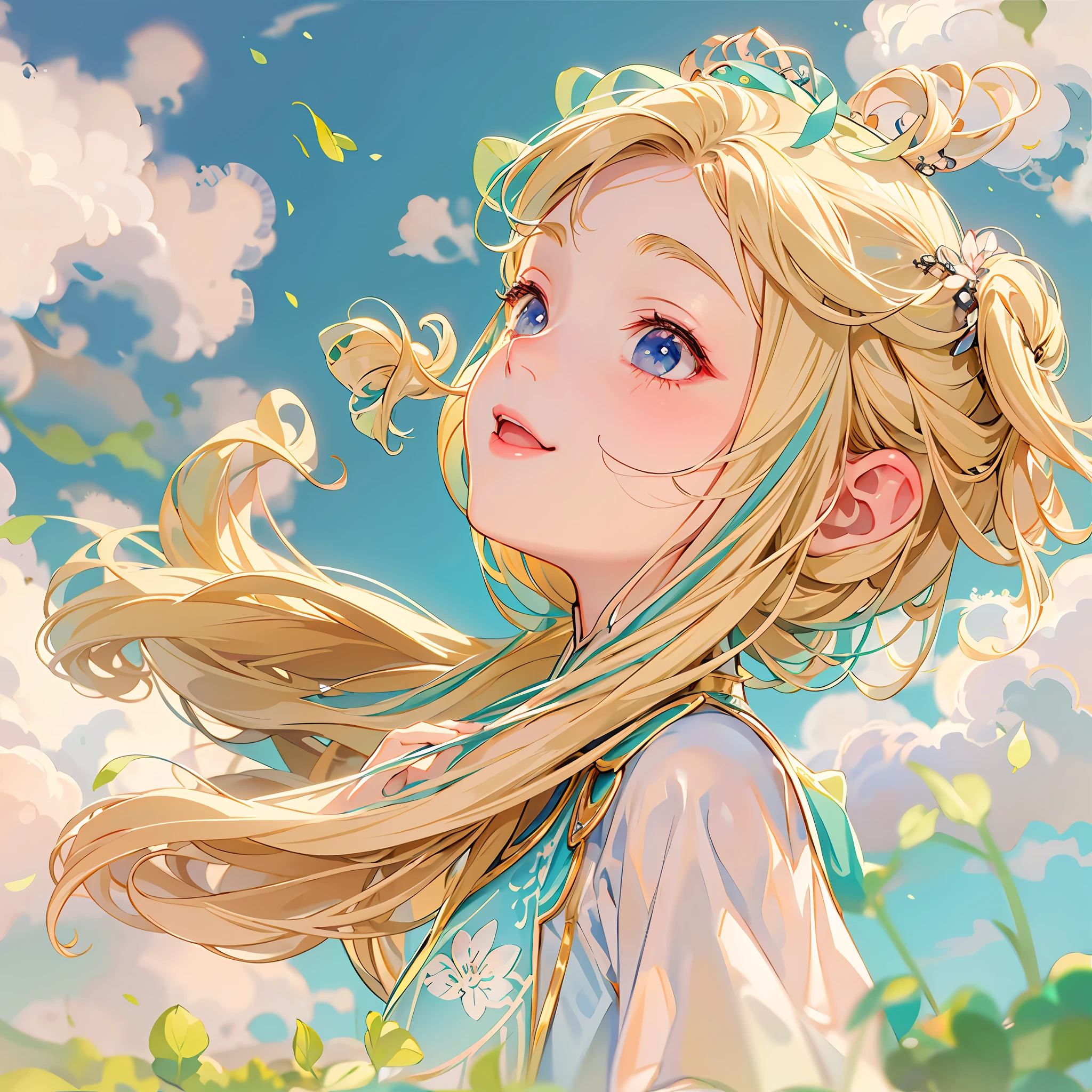 Masterpiece, Professional lighting, photon maping, Radio City, Physically-based rendering,Close-up Shot Shot,A cute little girl on the clouds,Little girl with long blonde hair,Smiling,cartoonish style,Colorful stills,Port wind,Cartoony。Front couple center composition