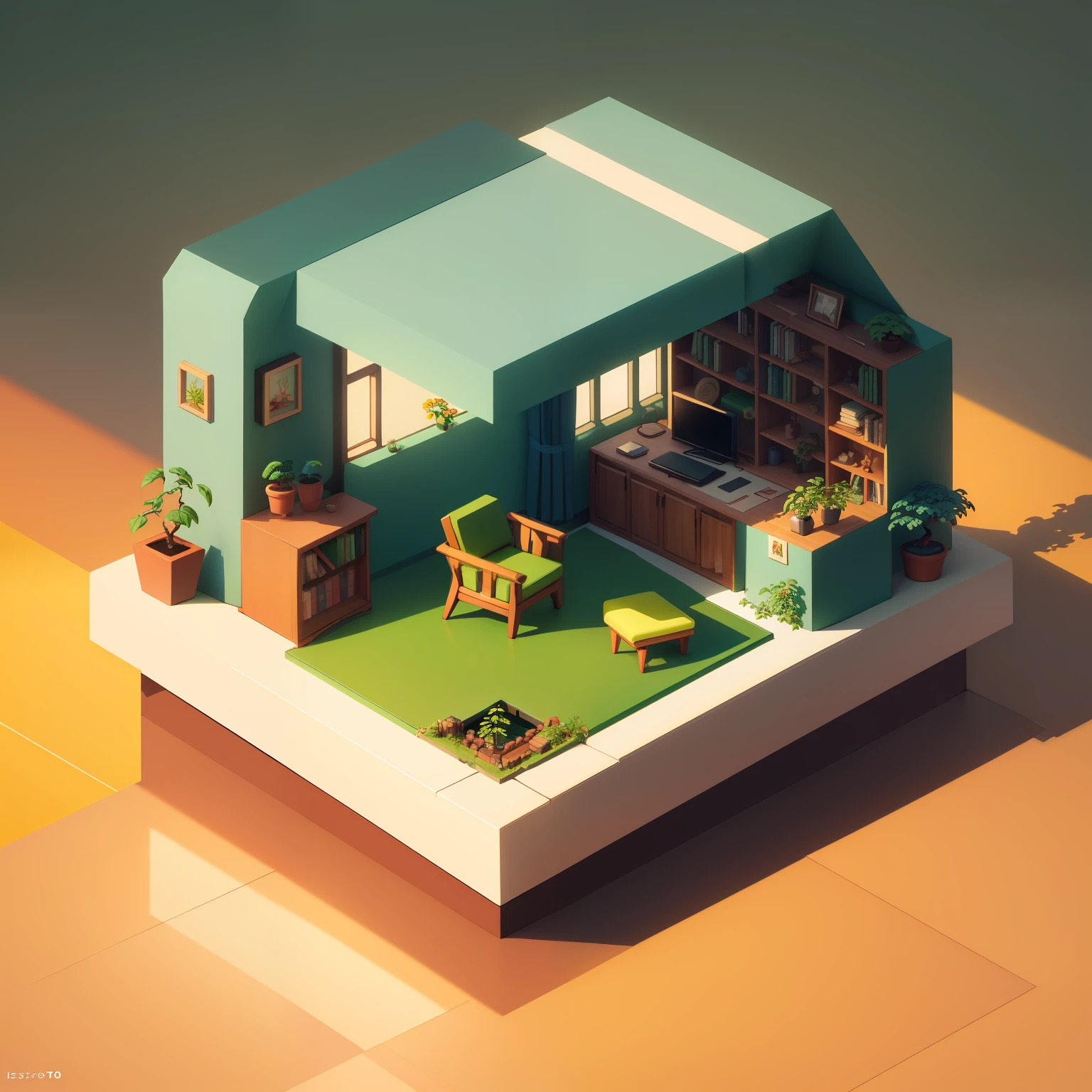 (Isometric perspective:1.5),(pixar-style:1.2),sobu,Beds,sofe,(Small bonsai:0.8),table light,tvp,Wall paintings,Disney,panoramic photo,White background,one color background,Global illumination,Ray traching,Modeling,hdr,Octane rendering,unreal render,behans,dribbble,art stations,best qualtiy,8K,Greenery,Lovely girl room,Book case,green colored theme,Small white flower bonsai