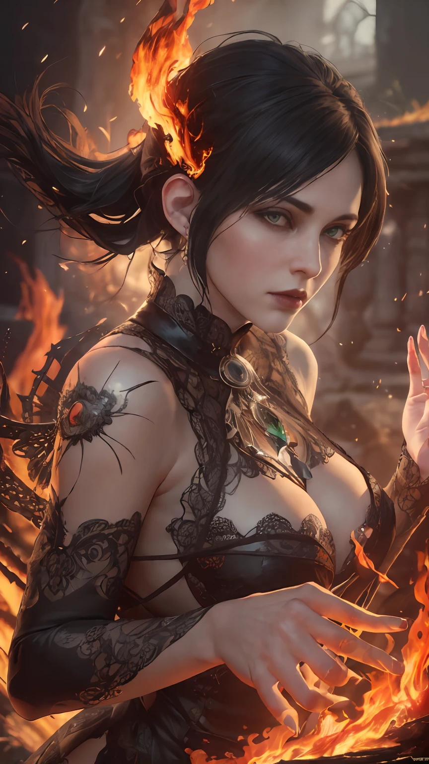(Dark Fantasy:1.2), (Masterpiece, Epic Quality, Epic Realism, Ultra Resolution, 8K Photo Unity, Epic Detail: 1.1), witch, morrigan, dark hair, (((waiving a fire spell))), (Intricate Details, Dynamic Angle, Rim Lighting, Soft Lighting, (Professional Photography, Photorealism, Hyperrealism), Ray Tracing, HDR