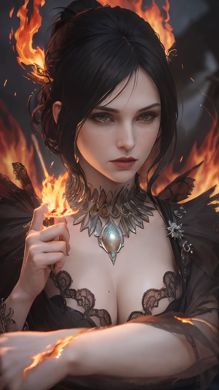 (Dark Fantasy:1.2), (Masterpiece, Epic Quality, Epic Realism, Ultra Resolution, 8K Photo Unity, Epic Detail: 1.1), witch, morrigan, dark hair, (((waiving a fire spell))), (Intricate Details, Dynamic Angle, Rim Lighting, Soft Lighting, (Professional Photography, Photorealism, Hyperrealism), Ray Tracing, HDR