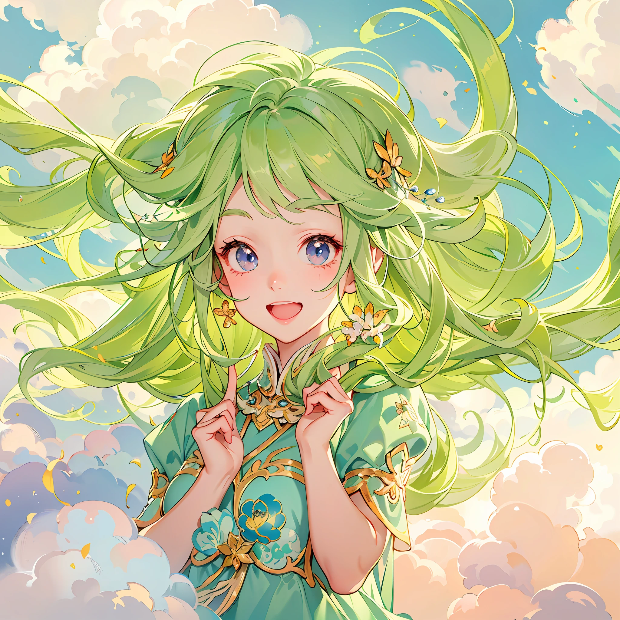 Masterpiece, Professional lighting, photon maping, Radio City, Physically-based rendering,Close-up Shot Shot，A cute little girl on the clouds，Little girl with long blonde hair，Smiling，cartoonish style，Colorful stills，Port wind，Cartoony。Front couple center composition