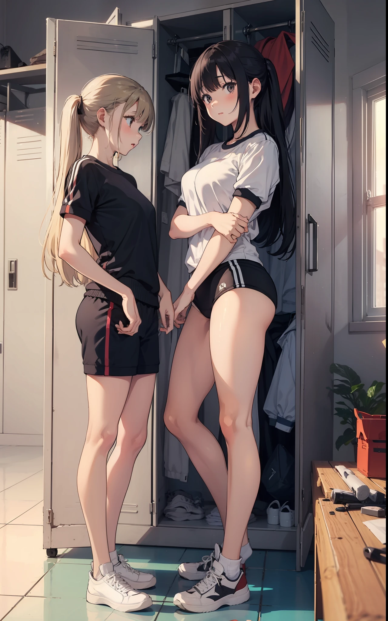 (masterpiece, best quality),  locker room, 2girls, size difference, gym uniform, changing clothes,