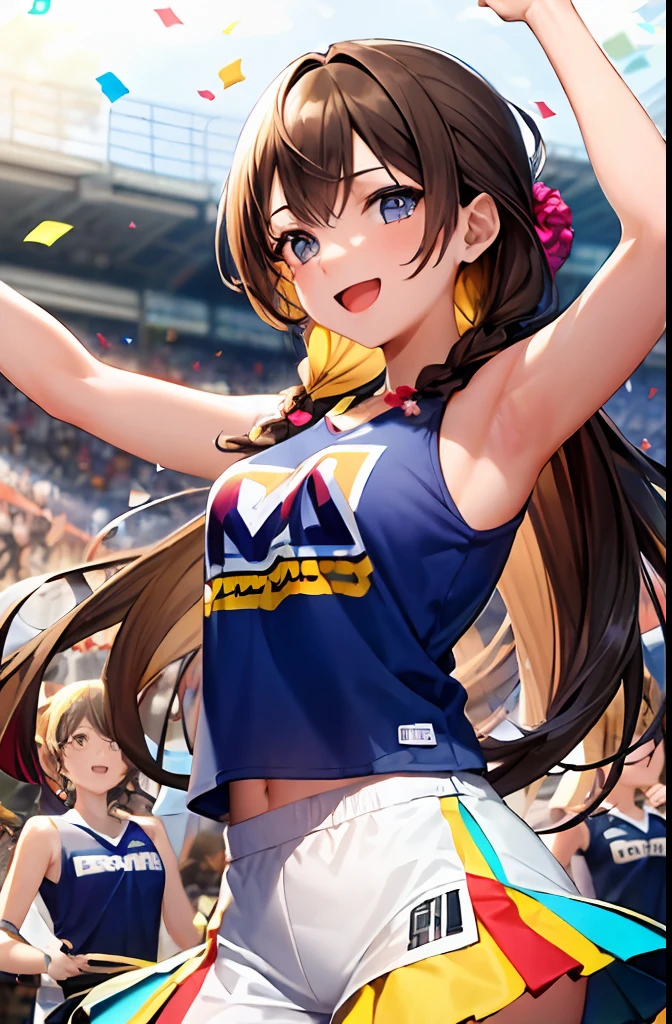 (masterpiece:1.5), illustration, 4k, 8k, (high quality:1.1), highly detailed, detailed face, HDR, vivid colors, natural lighting, pretty eyes, detailed eyes, colorful eyes, beautiful face, 1girl, long hair, messy hair, brown hair, twin braids, scrunchie, hair ornament, cheerleader, sleeveless, t-shirt, pom poms, cheering, standing on the side of a main road, spread arms, ((confetti)), smile, open mouth, establishing shot